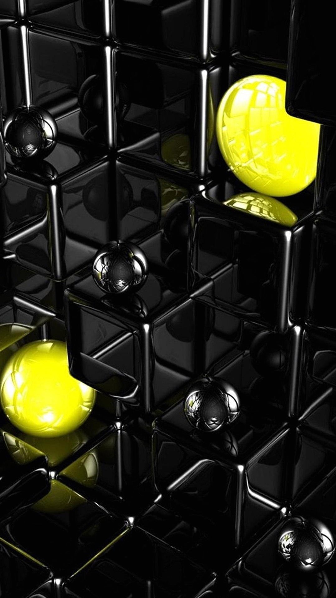 Cubi 3D, Sfere gialle, Nero, Rendering 3D, sfondo per smartphone