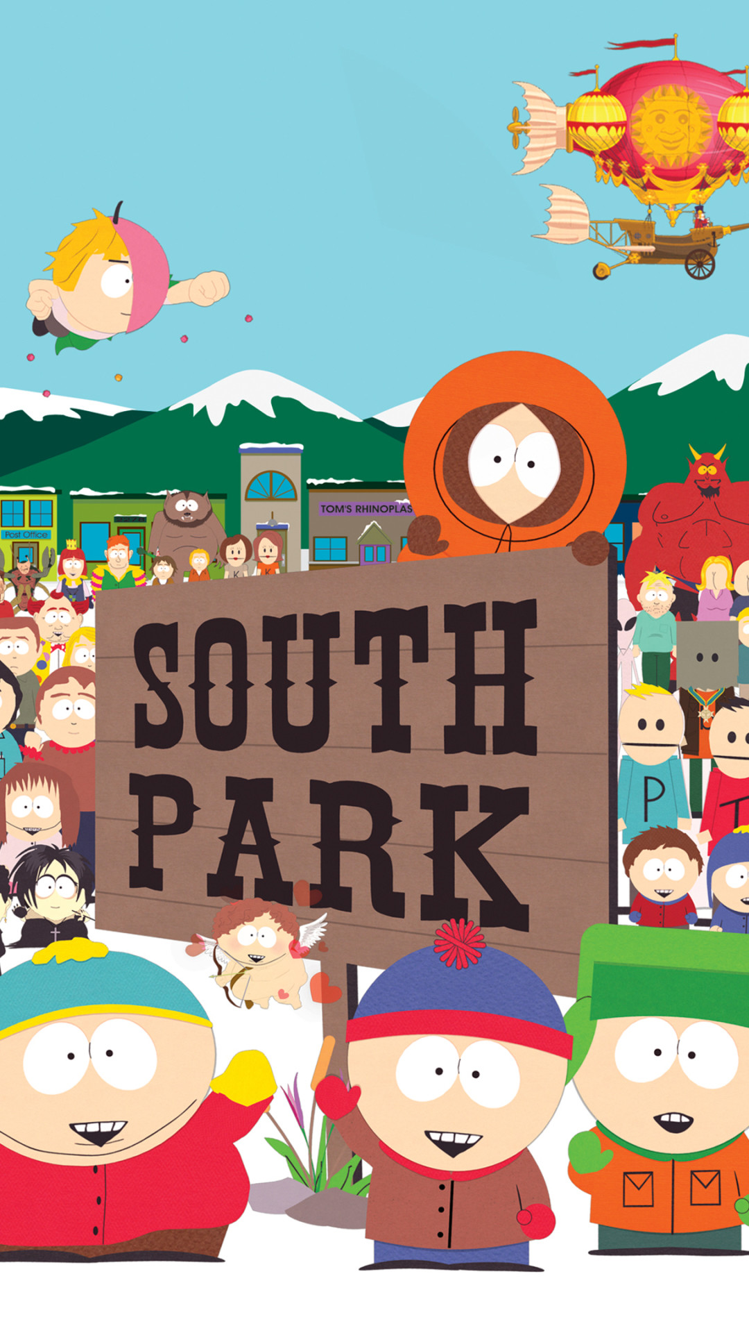 South Park, Eric Cartman, Stan Marsh, Kenny McCormick, Cartello, sfondo Full HD per cellulare