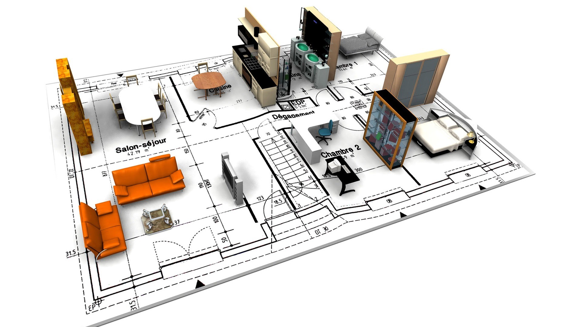 Planimetria 3D, Arredamento, Progetto architettonico, Interni, Sfondo bianco, wallpaper Full HD