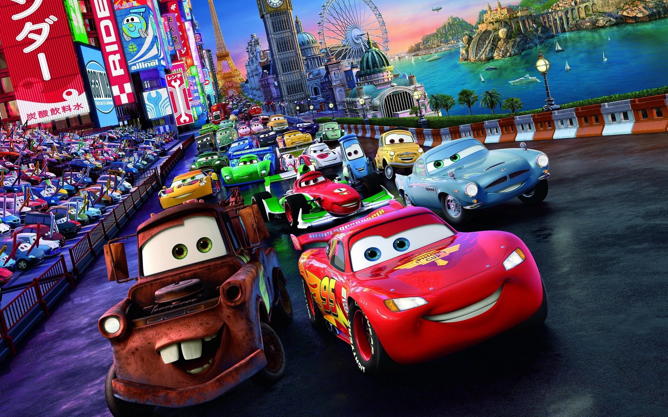 Saetta McQueen, Cricchetto, Finn McMissile, Cars 2, Pixar, Gara, sfondo 2560x1600 per PC