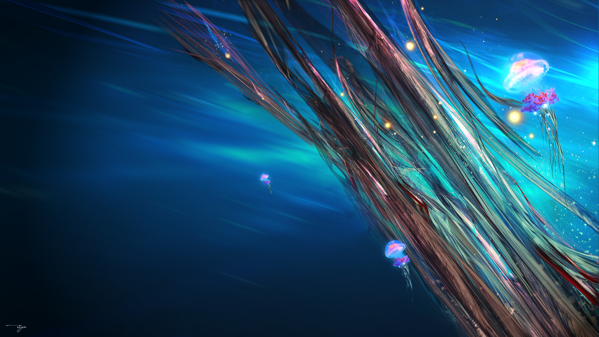 Meduse, Arte digitale, Spazio, Blu, 1920x1080, sfondo per PC