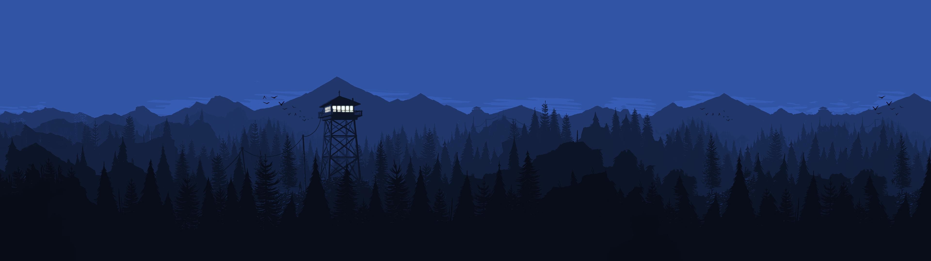 Firewatch, Torre di avvistamento, Notte, Blu, Panorama, doppio schermo, sfondo Full HD