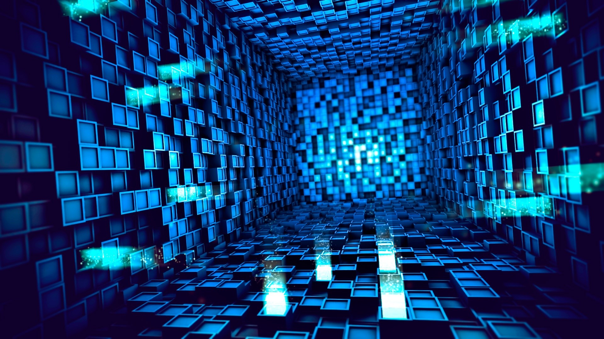 Cubi, Tunnel, Blu, Rendering 3D, 1920x1080, sfondo per PC