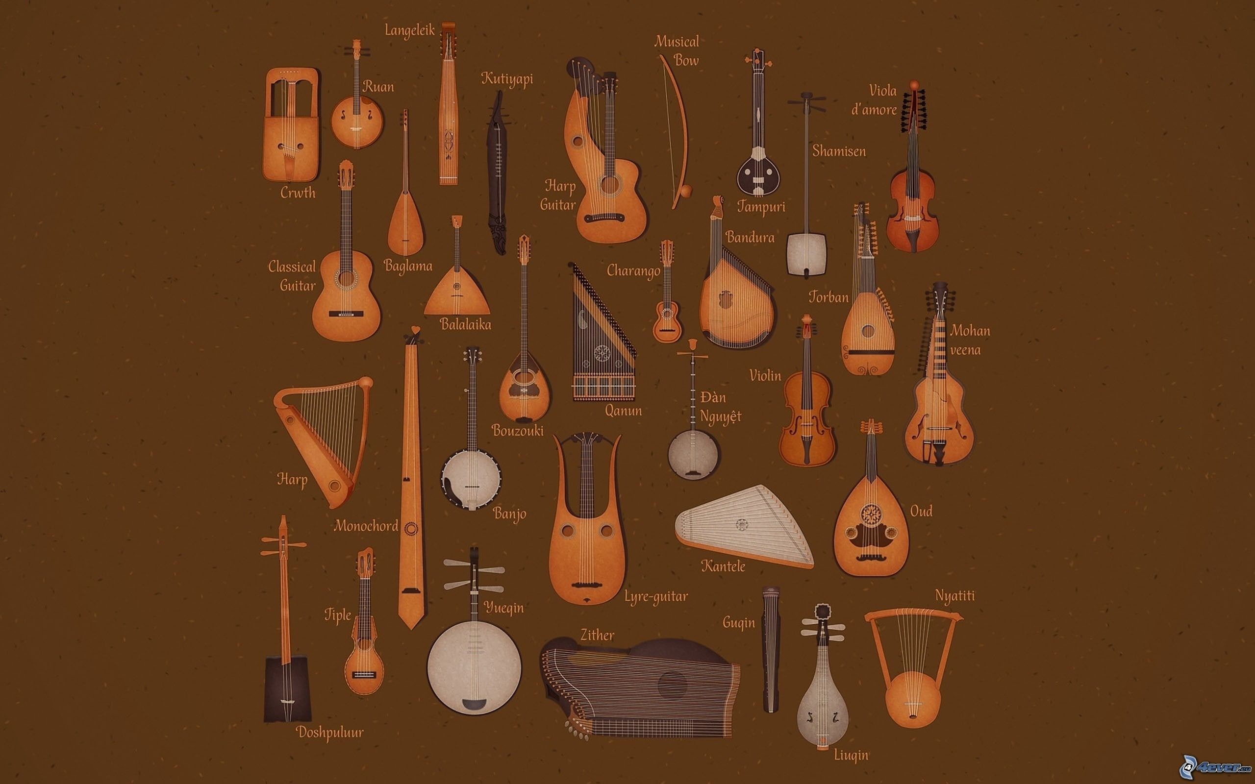 Strumenti musicali, Strumenti a corda, Illustrazione, Marrone, 2560x1600, sfondo per PC