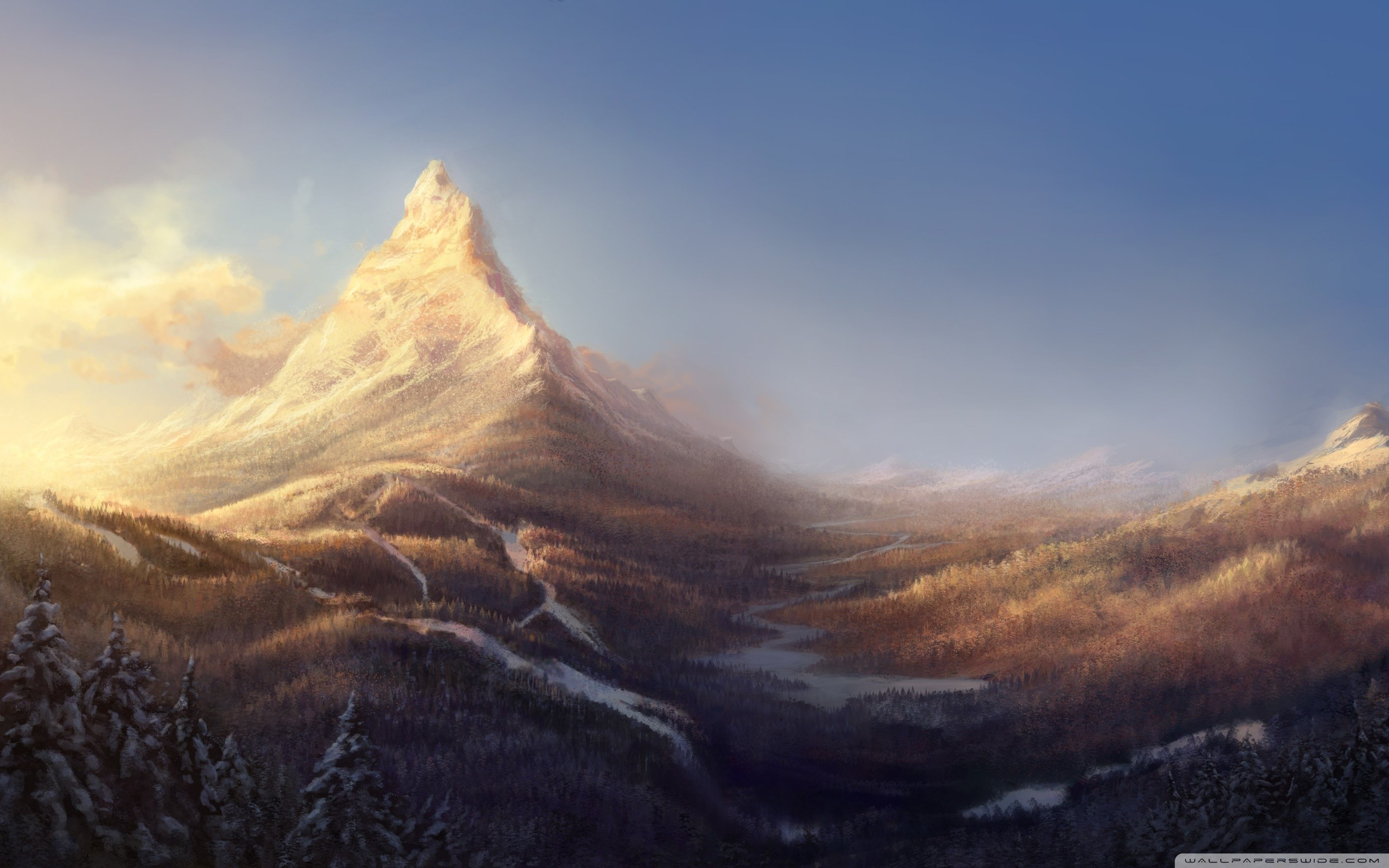 Picco solitario, Luce dorata, Nebbia, Paesaggio fantasy, 2K, sfondo desktop