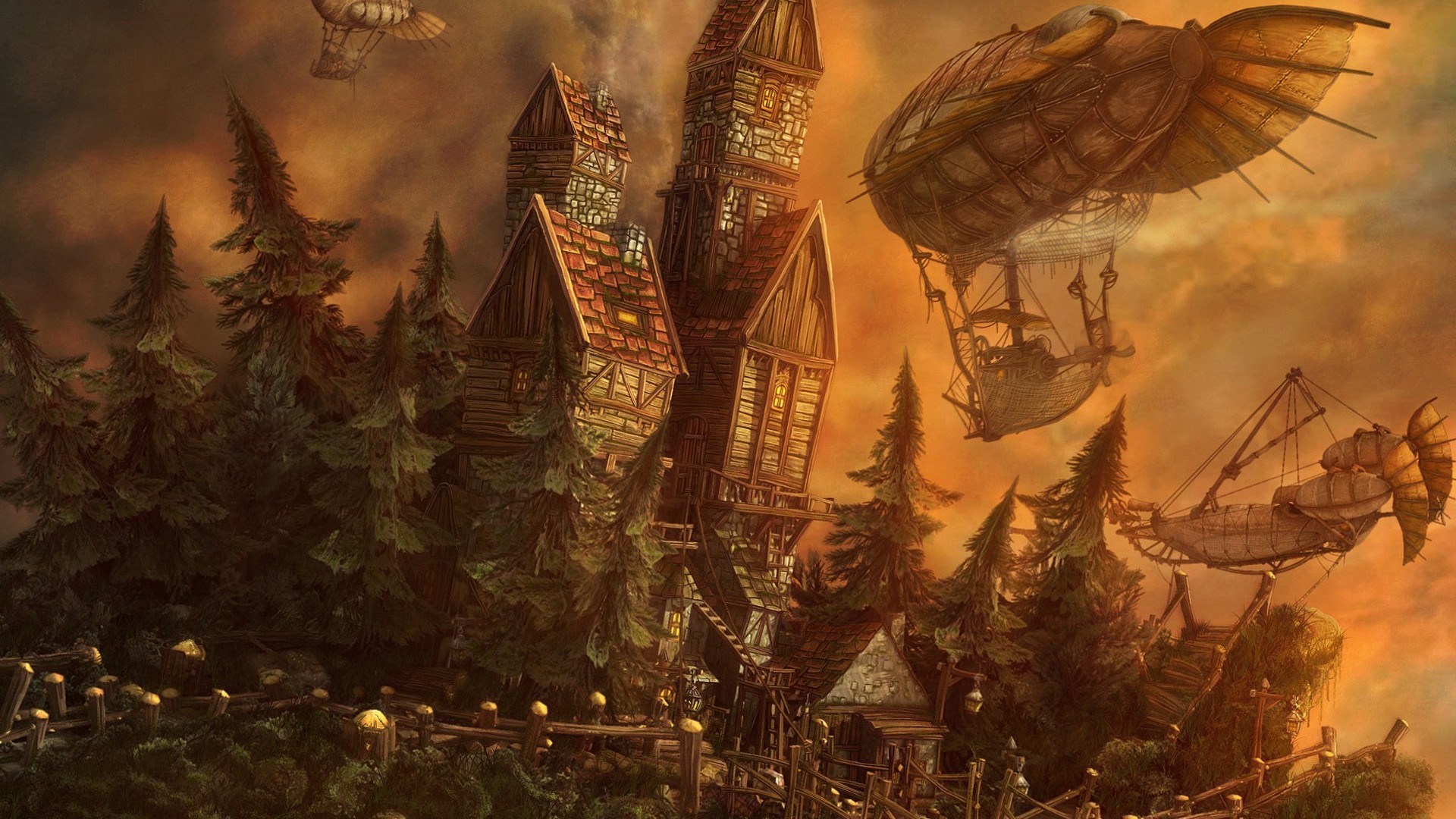 Steampunk, Dirigibili, Città fantasy, Foresta, Arte digitale, Full HD, sfondo per portatile