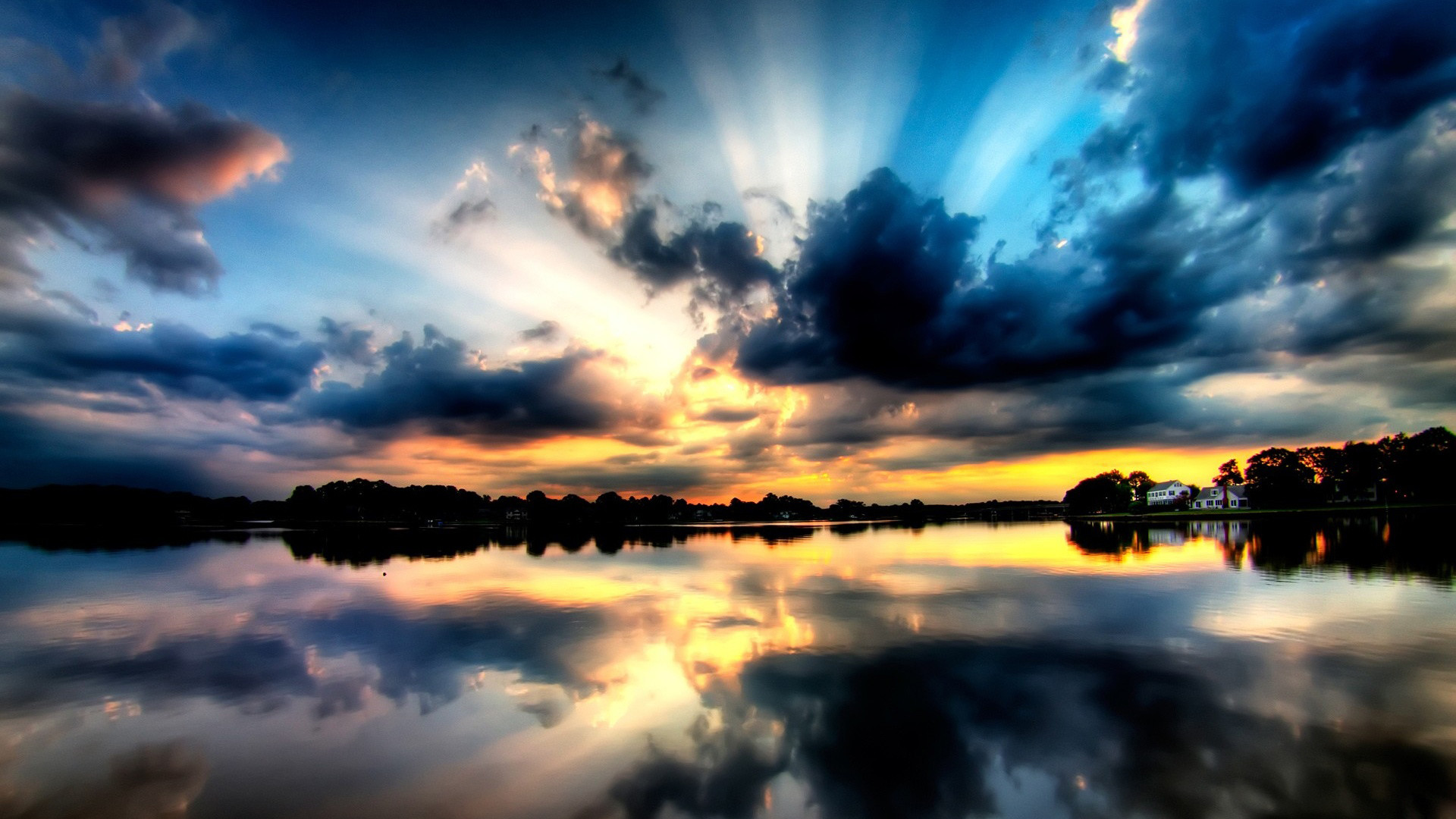 Lago, Tramonto, Raggi di sole, Nuvole, Riflesso, Full HD, sfondo per il tuo desktop