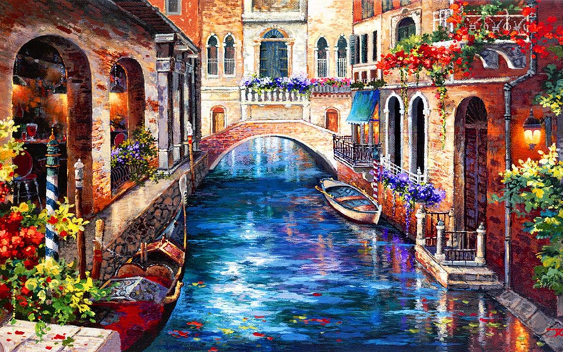 Venezia, Canale, Ponte, Gondola, Pittura, Fiori, Full HD, sfondo per portatile