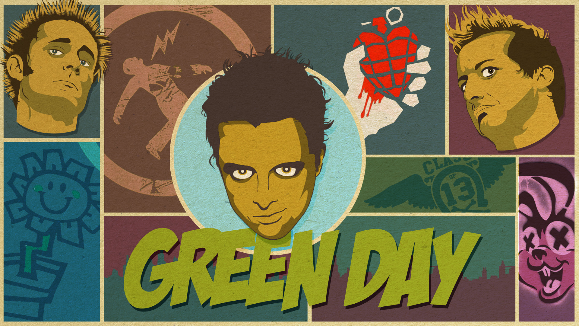Green Day, Billie Joe Armstrong, Mike Dirnt, Tré Cool, Illustrazione, sfondo per portatile
