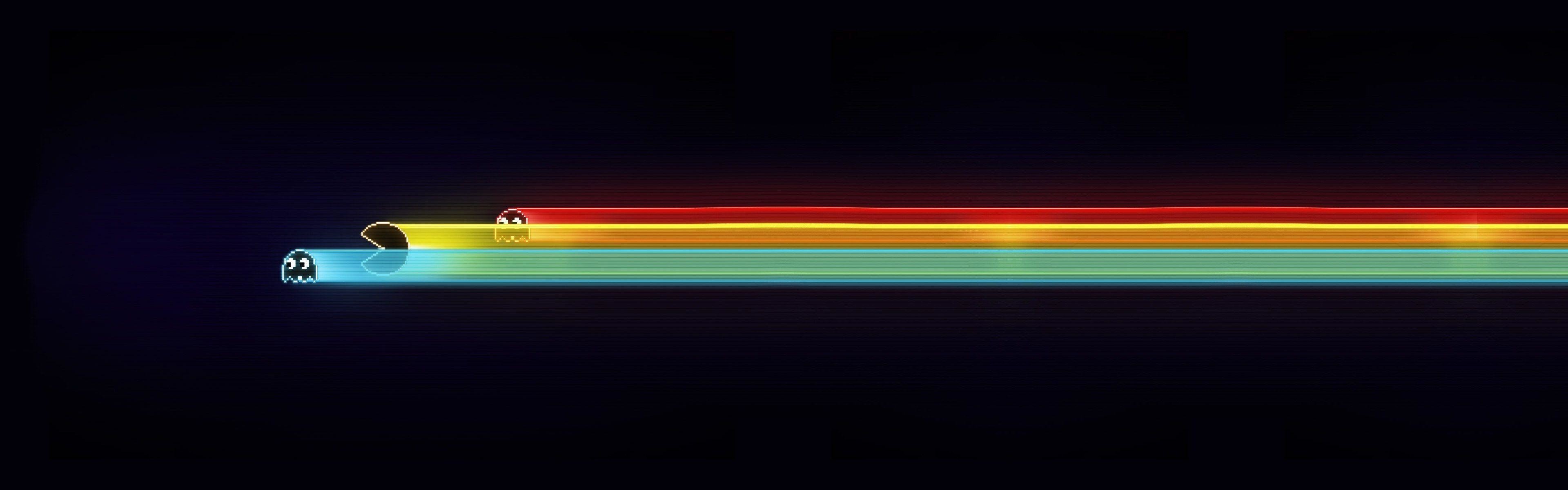 Pac-Man, Fantasmi, Scia arcobaleno, Sfondo scuro, Minimalismo, Full HD, wallpaper desktop