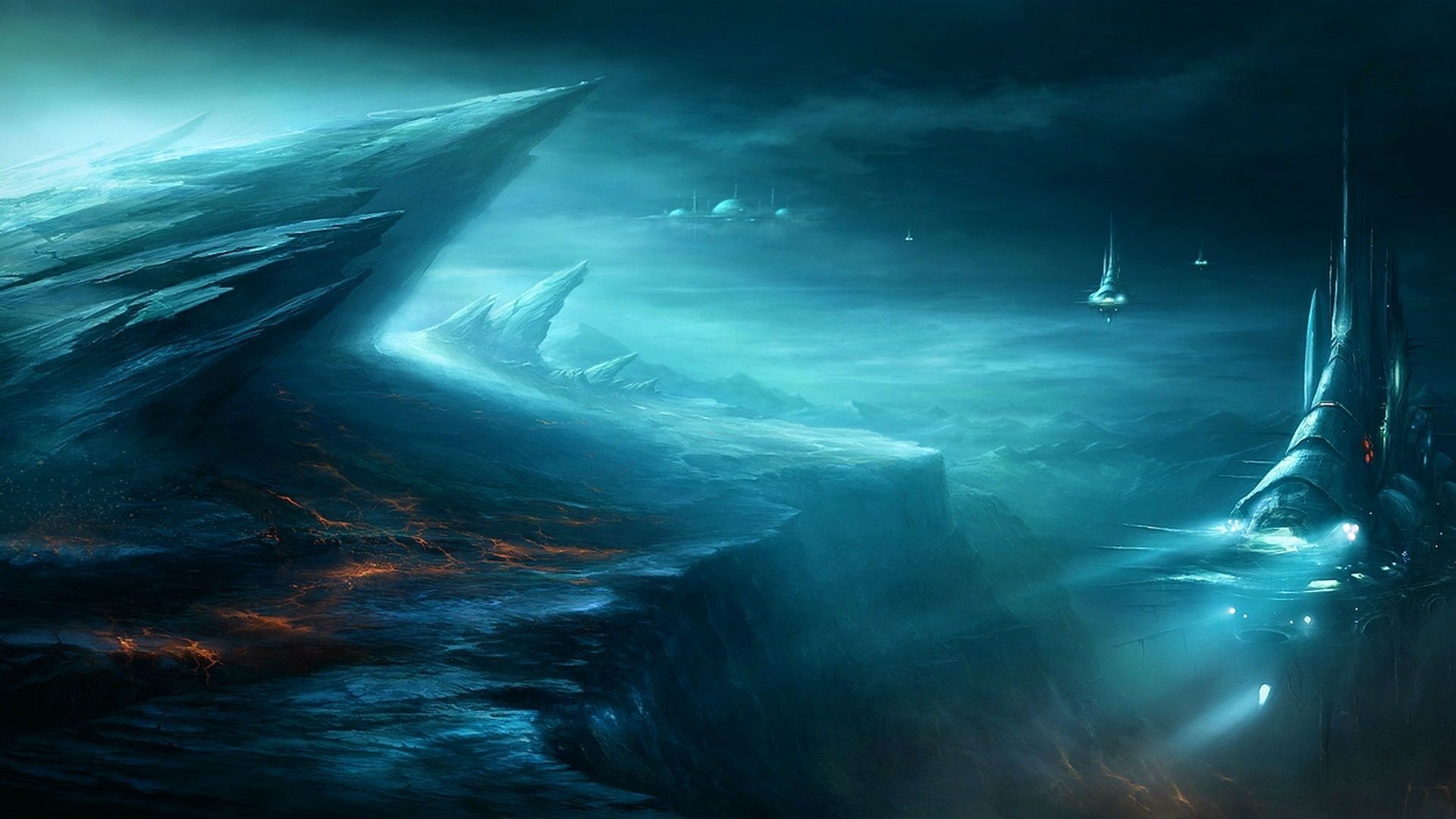 Paesaggio alieno, Astronavi, Turchese, Arte digitale, Fantascienza, sfondo desktop Full HD