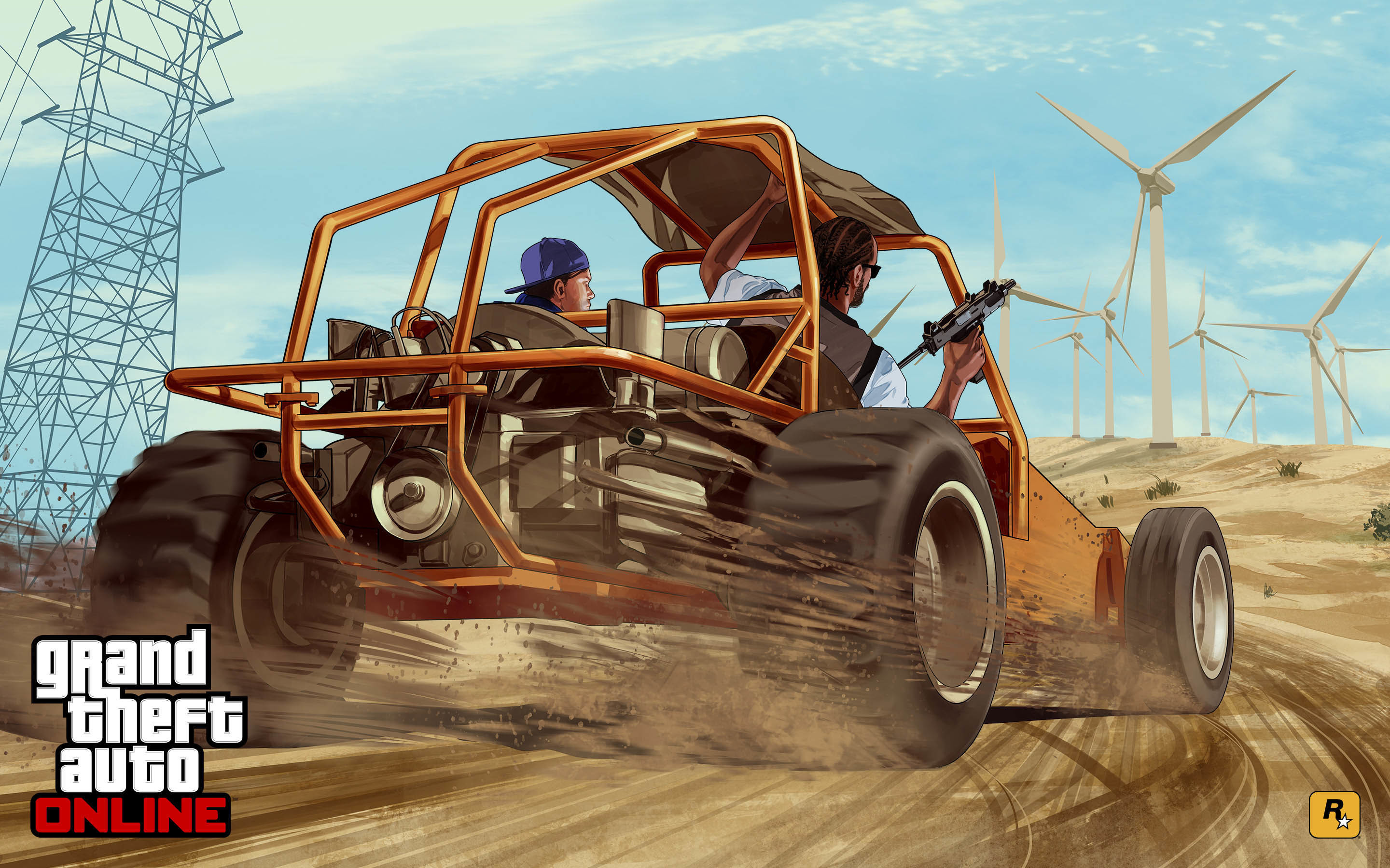 GTA Online, Dune buggy, Pale eoliche, Deserto, 2K, sfondo Windows 11