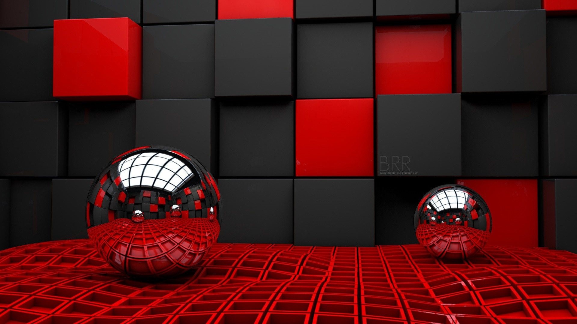 Cubi 3D, Sfere cromate, Rosso e nero, Rendering, Full HD, sfondo Windows 11