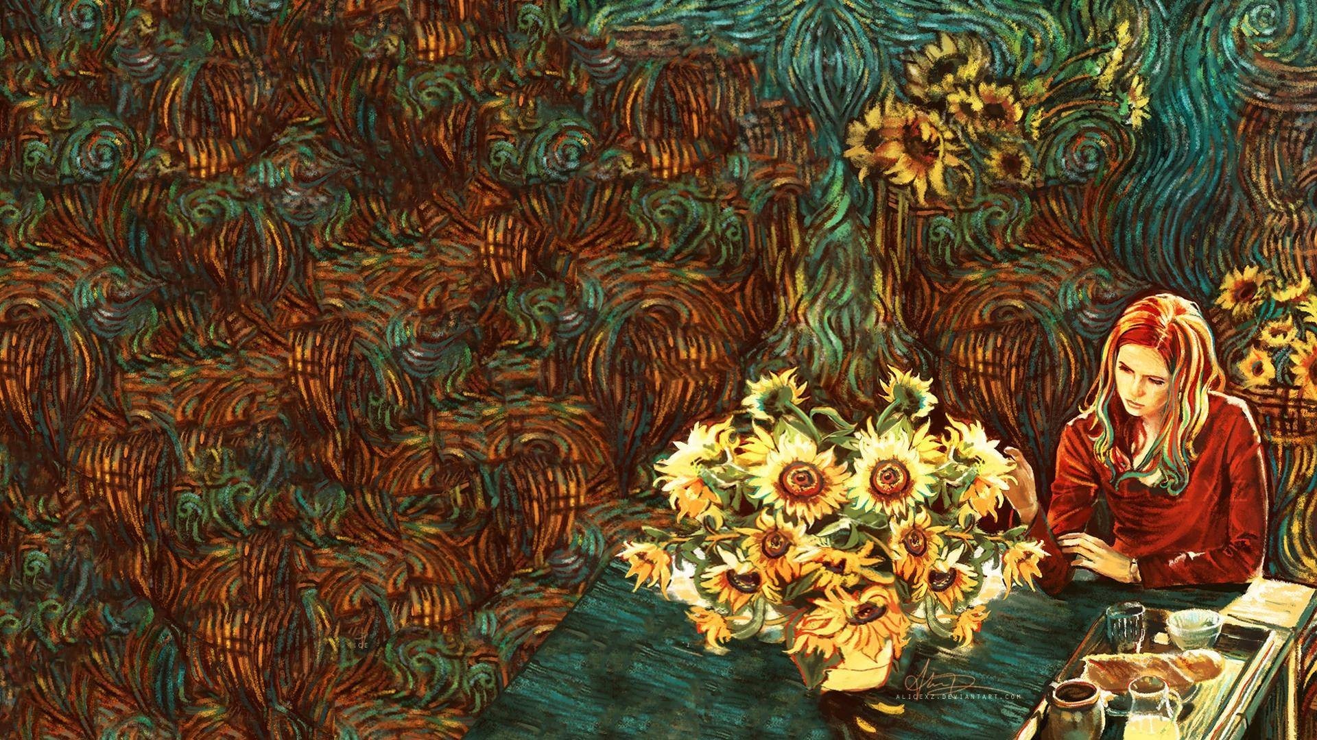 Doctor Who, Amy Pond, Karen Gillan, Vincent van Gogh, Girasoli, Pittura, sfondo Full HD per portatile