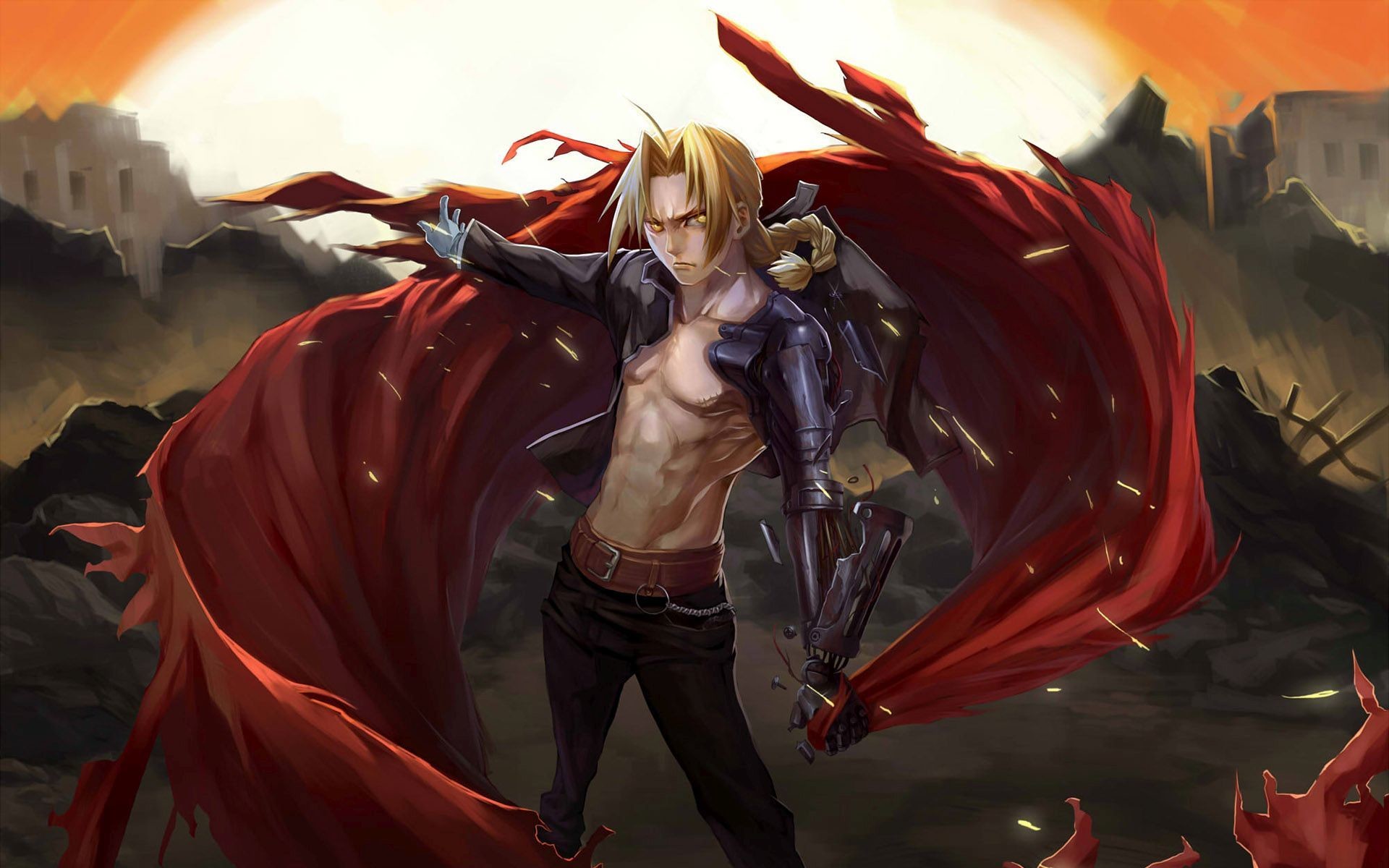 Edward Elric, Fullmetal Alchemist, Automail, Mantello rosso, Rovine, sfondo Full HD per portatile