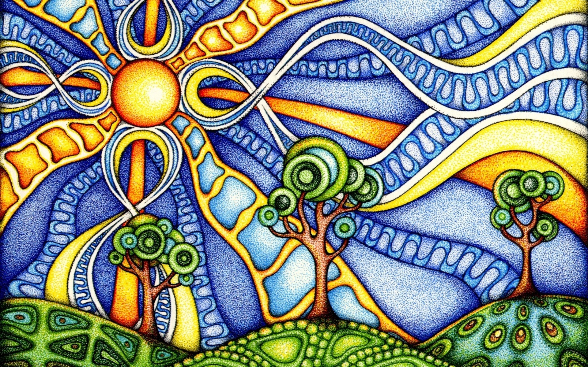 Sole, Alberi, Colline, Illustrazione, Motivi, 1920x1200, sfondo per PC