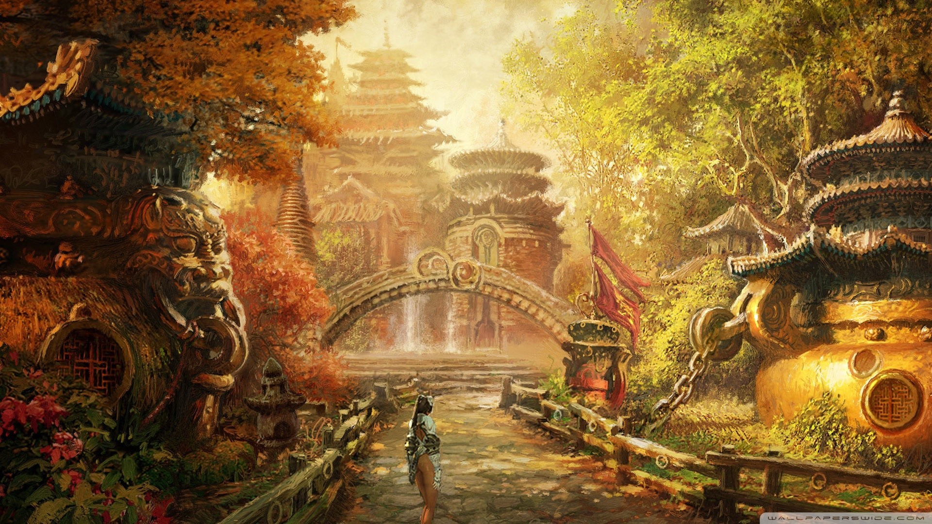 Tempio asiatico, Paesaggio fantastico, Autunno, Pittura digitale, Ponte, sfondo 1920x1080 per PC