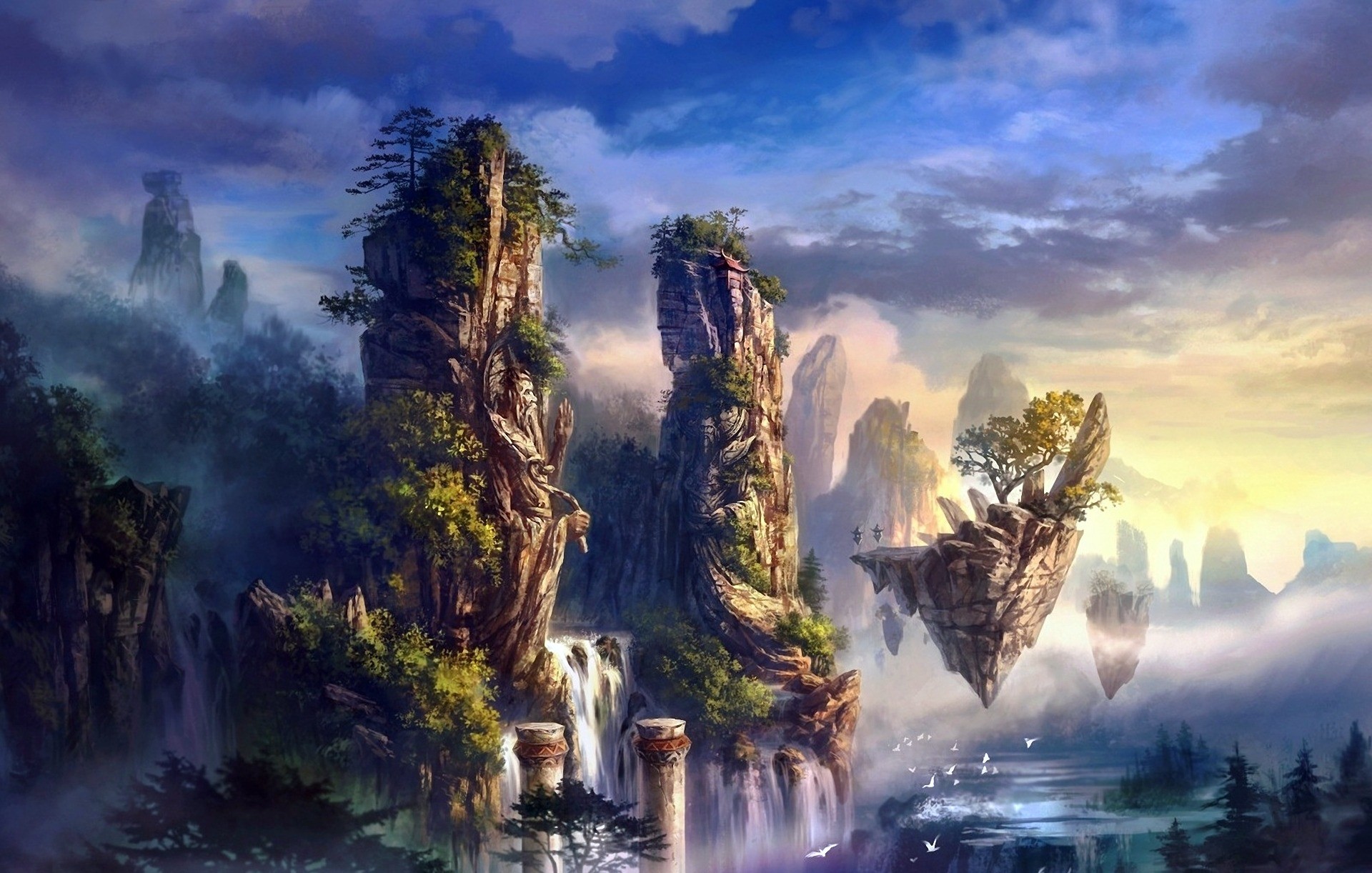 Isole fluttuanti, Pinnacoli rocciosi, Cascate, Fantasy, Nuvole, Paesaggio, sfondo Full HD per portatile