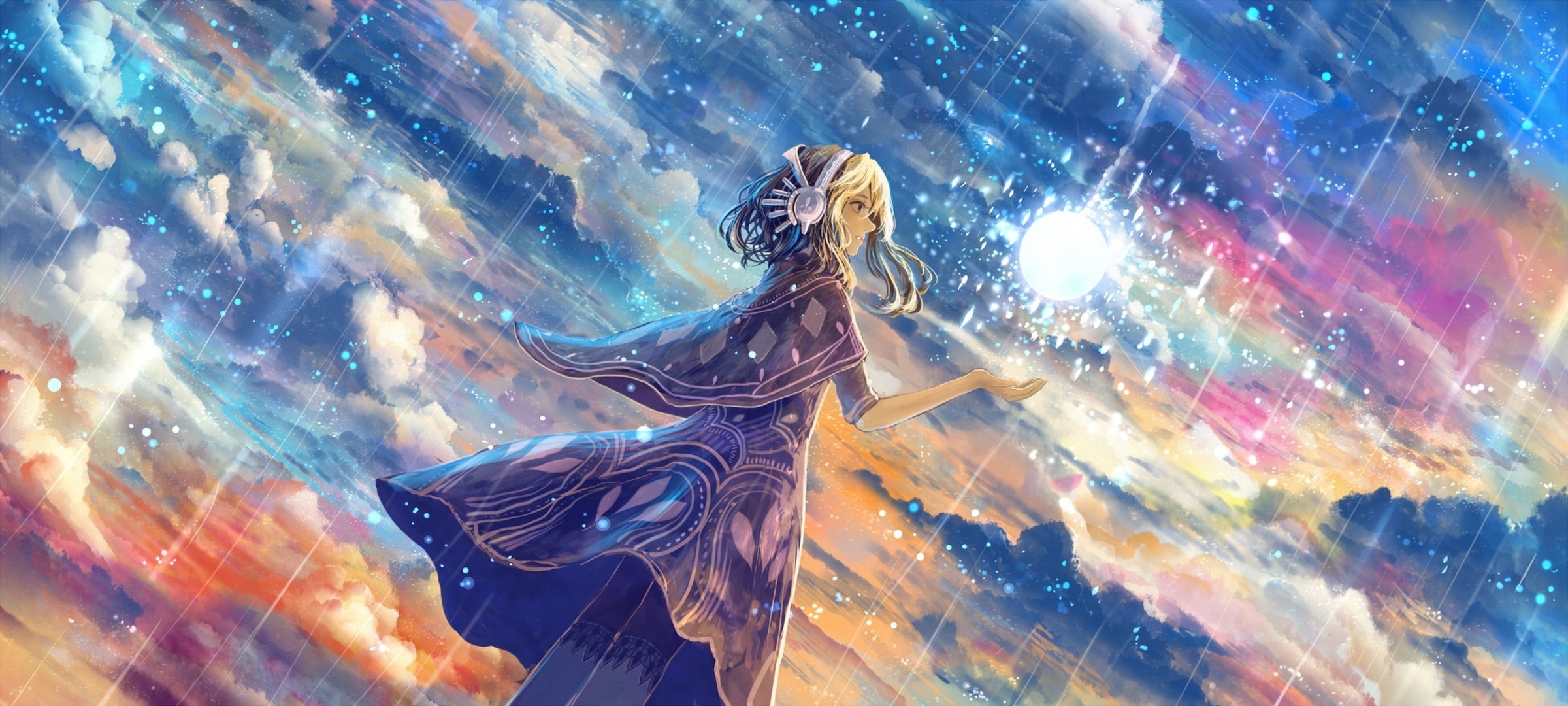Ragazza anime, Cielo stellato, Nuvole, Colori pastello, Full HD, wallpaper desktop