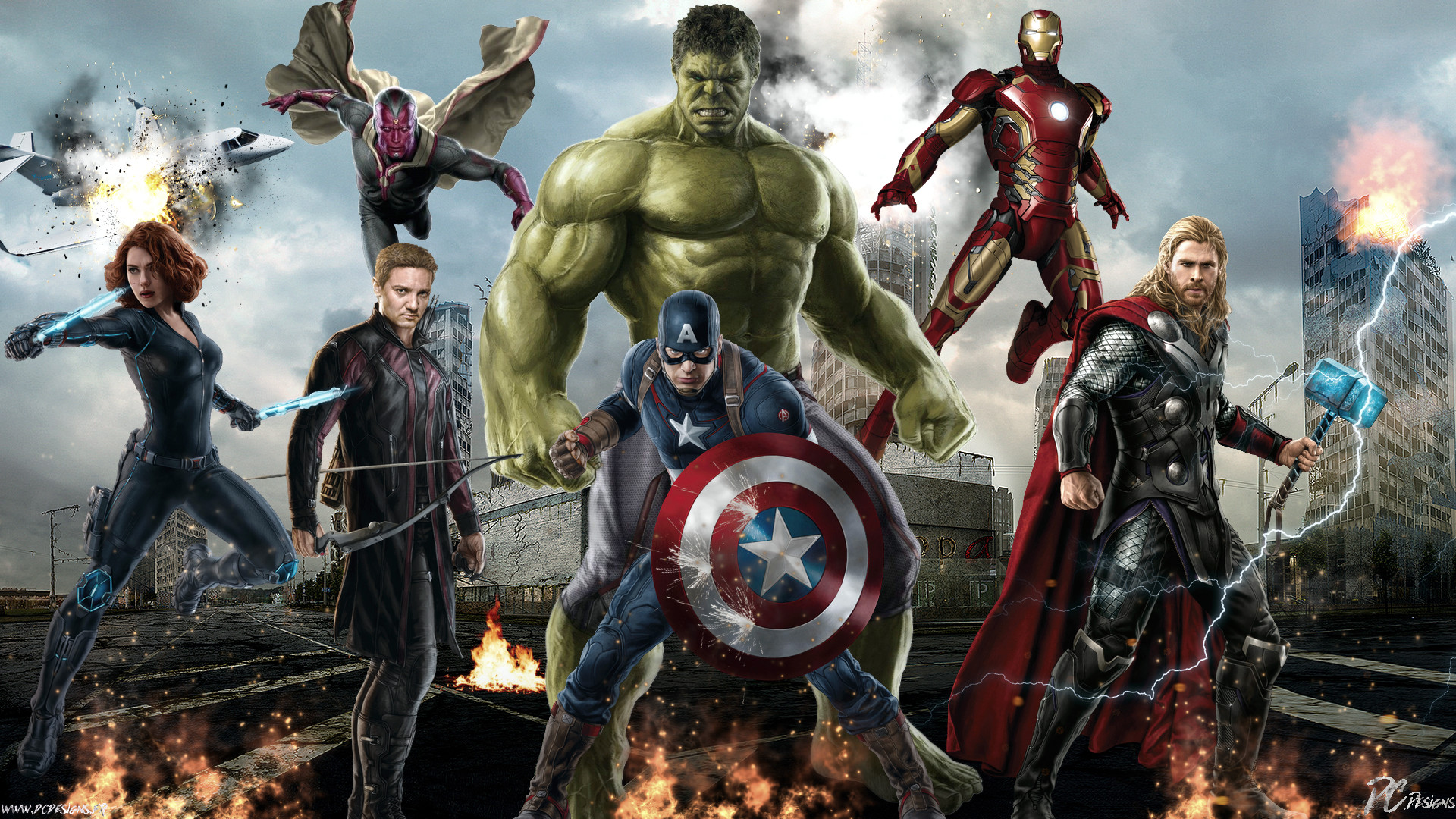 Avengers: Age of Ultron, Hulk, Iron Man, Capitan America, Thor, Visione, Vedova Nera, sfondo per PC