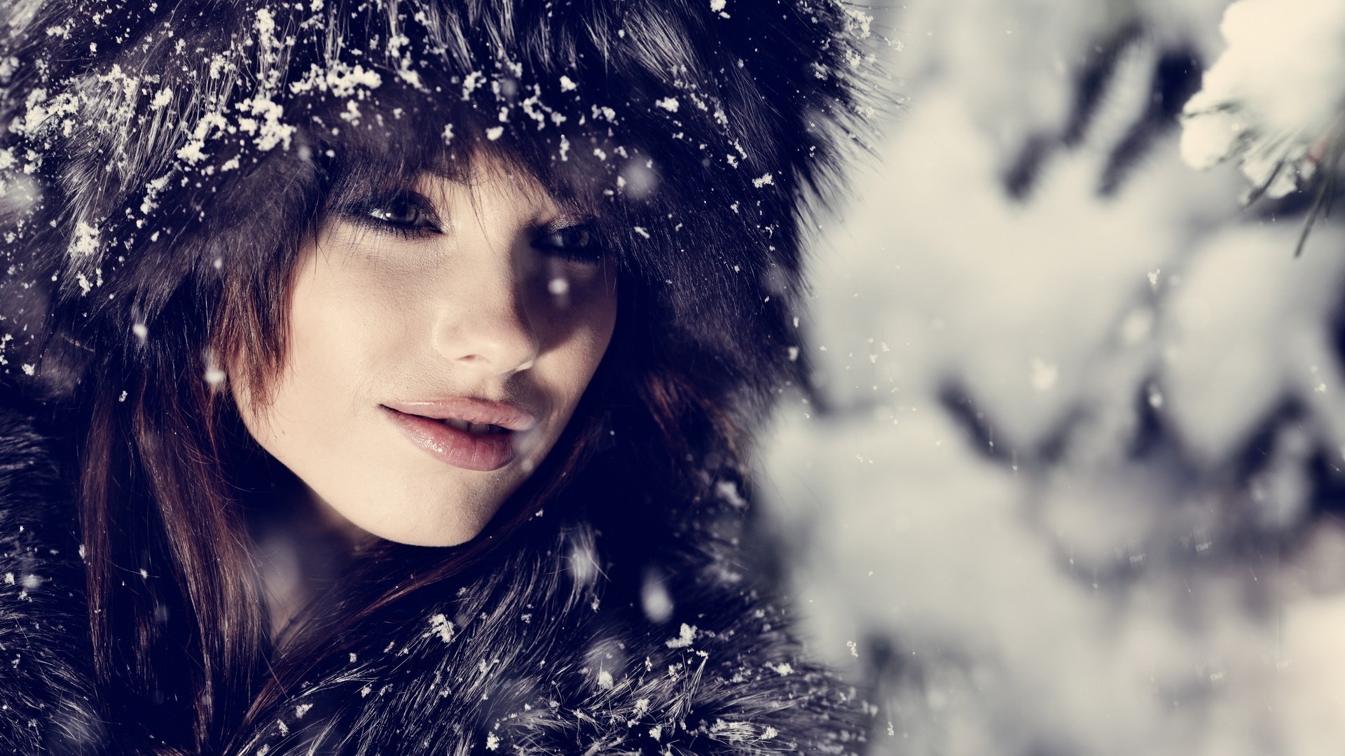 Modella, Cappello di pelliccia, Neve, Ritratto, 1920x1080, sfondo per PC