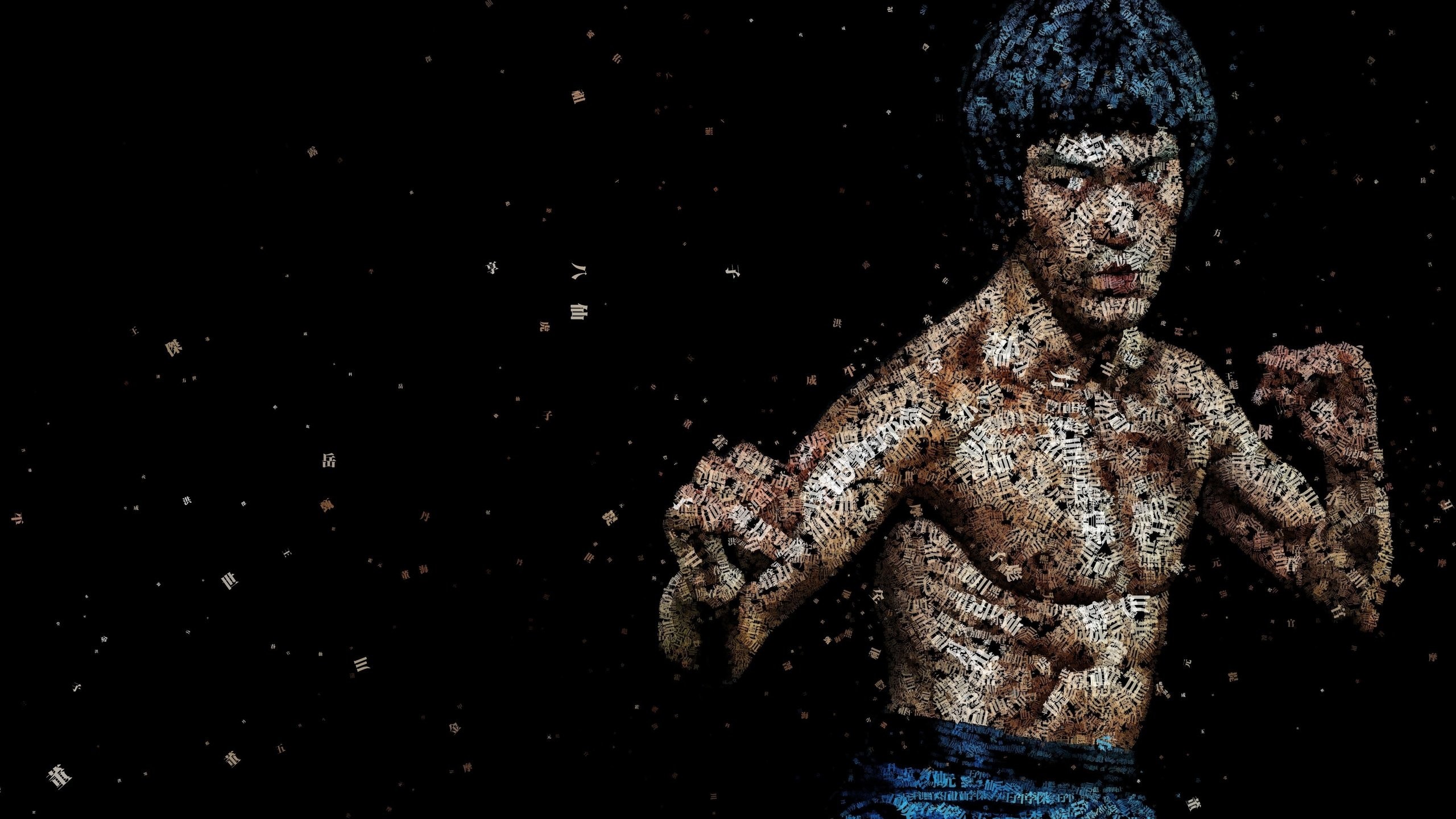 Bruce Lee, Tipografia, Mosaico di lettere, Sfondo nero, 2K, wallpaper per PC
