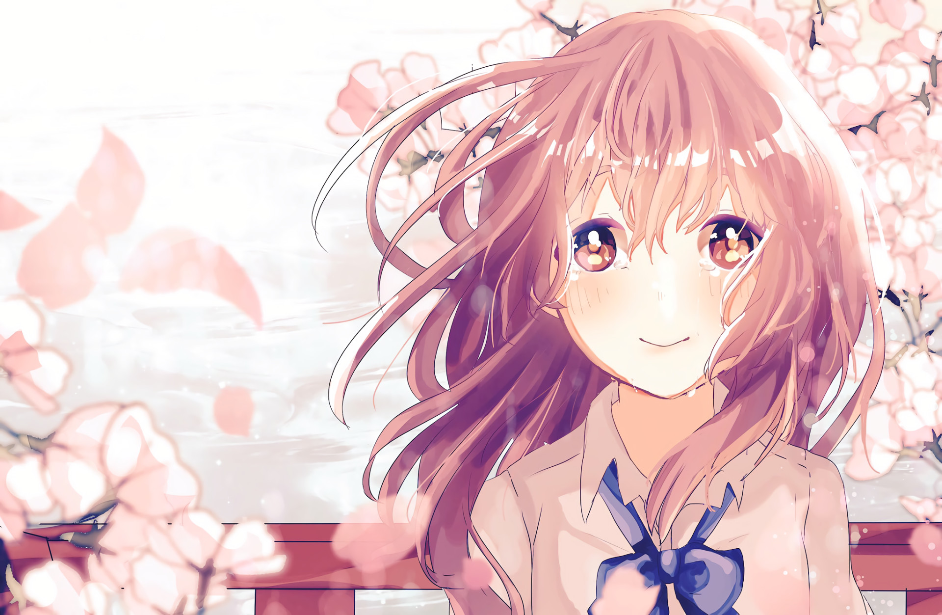 Ragazza anime, Ciliegi in fiore, Kawaii, Rosa, Full HD, sfondo per portatile