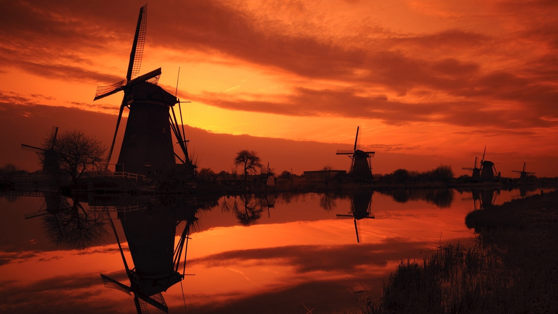 Kinderdijk, Mulini a vento, Paesi Bassi, Tramonto, Silhouette, Riflesso, sfondo desktop 1920x1080