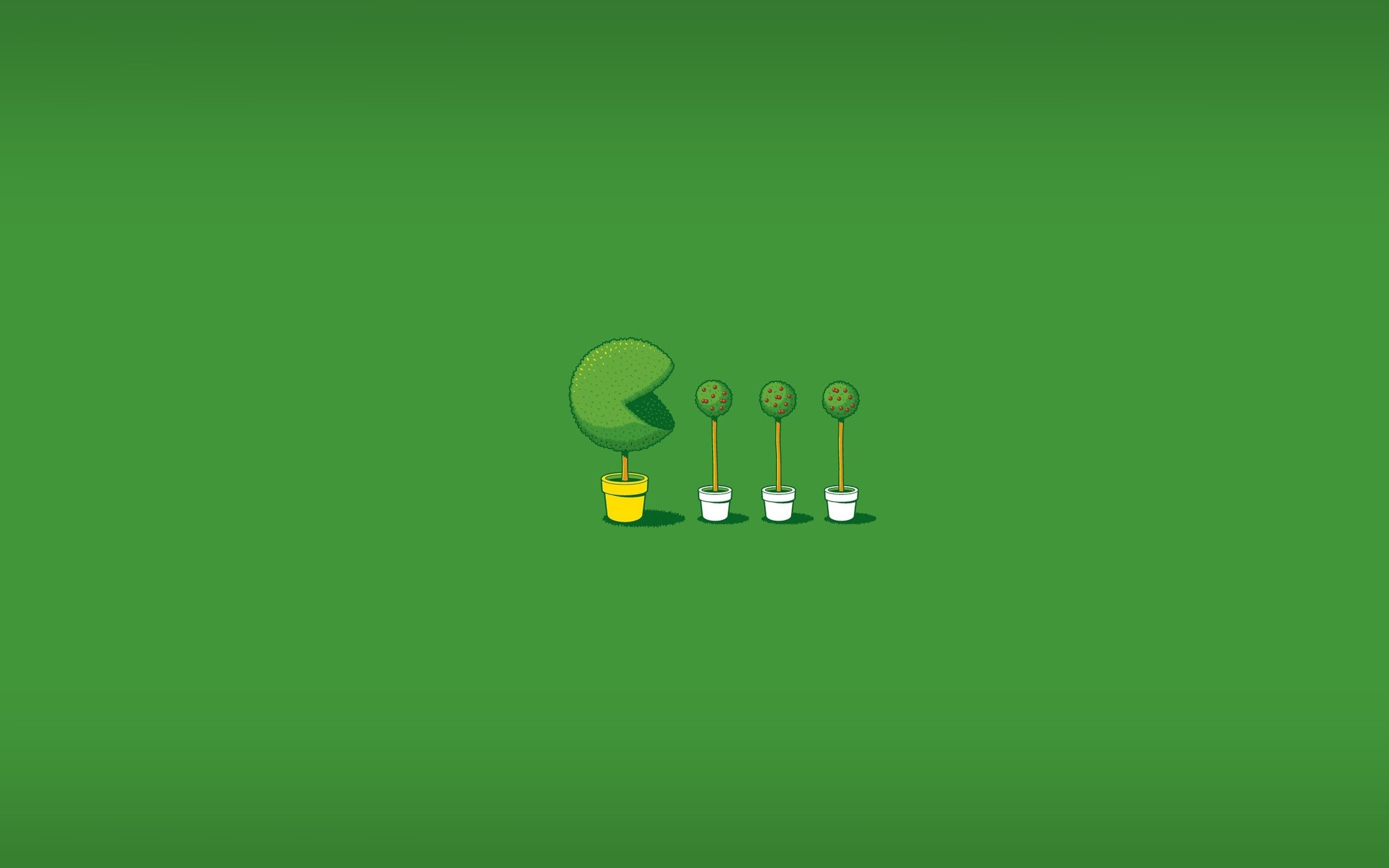 Pac-Man, Piante, Minimalismo, Sfondo verde, Umorismo, 2K, wallpaper per computer