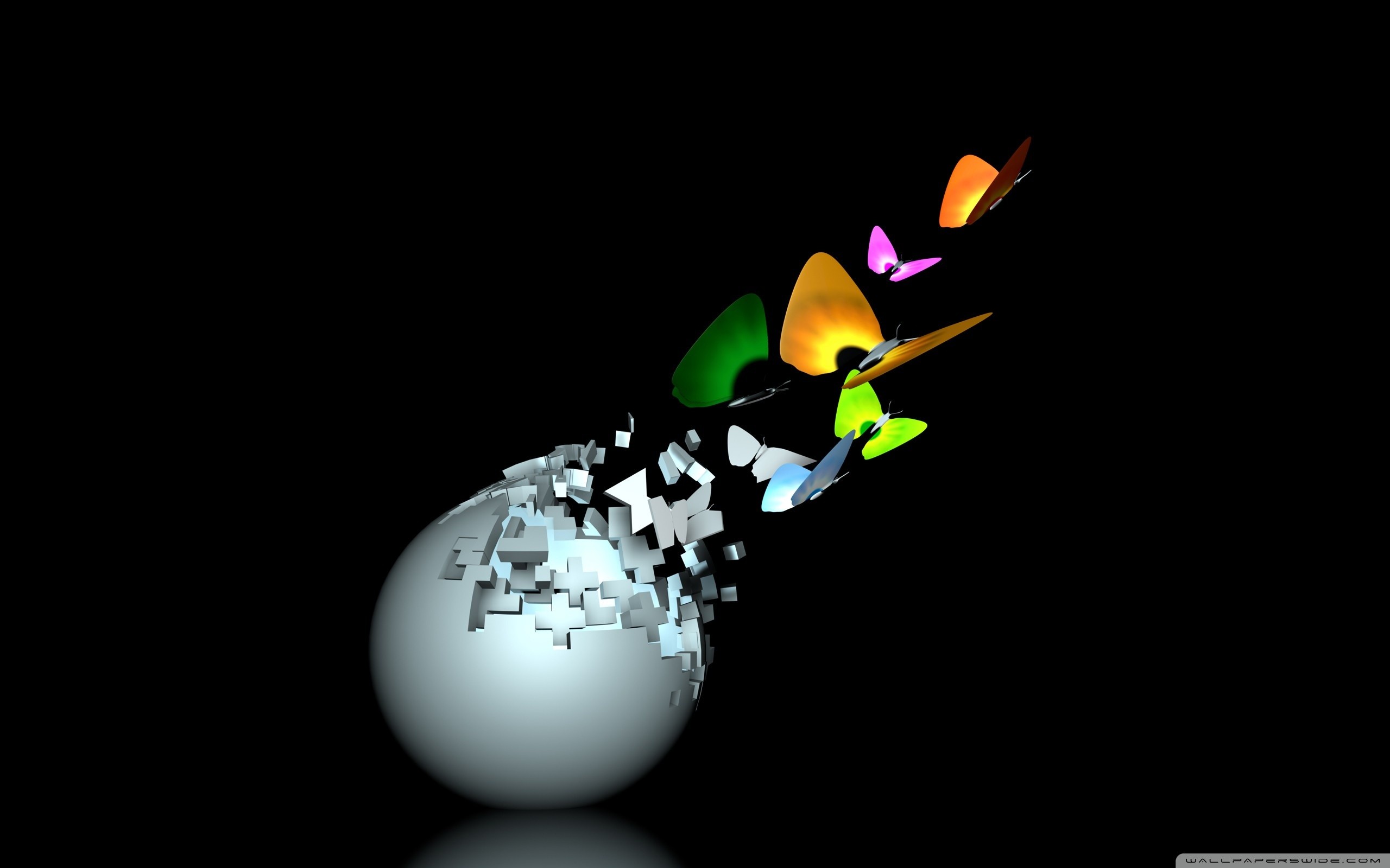 Farfalle, Sfera, Arte digitale 3D, Sfondo nero, 16:10 2K, wallpaper widescreen