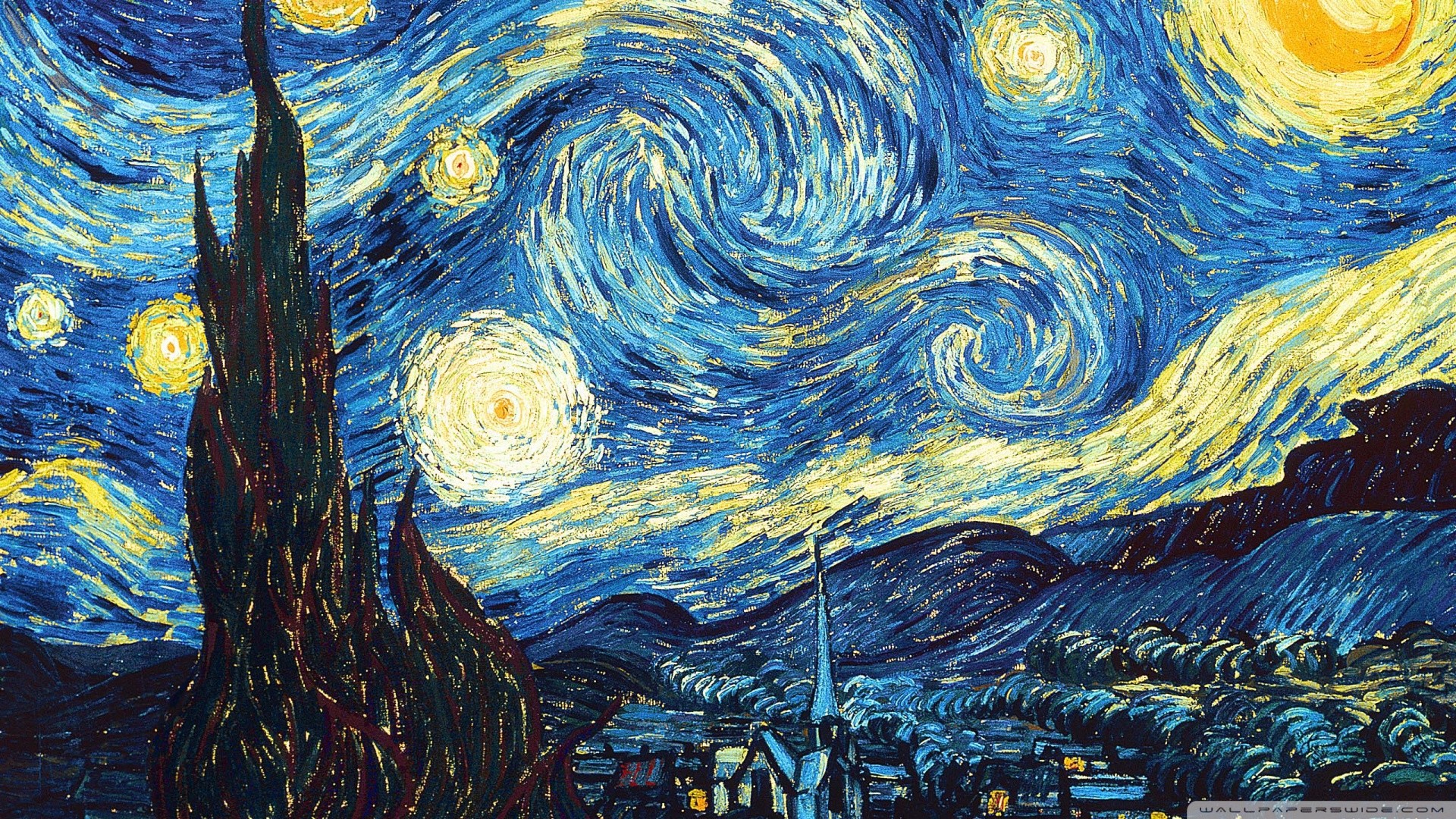 Notte stellata, Vincent van Gogh, Cipresso, Vortici, Full HD, sfondo per portatile