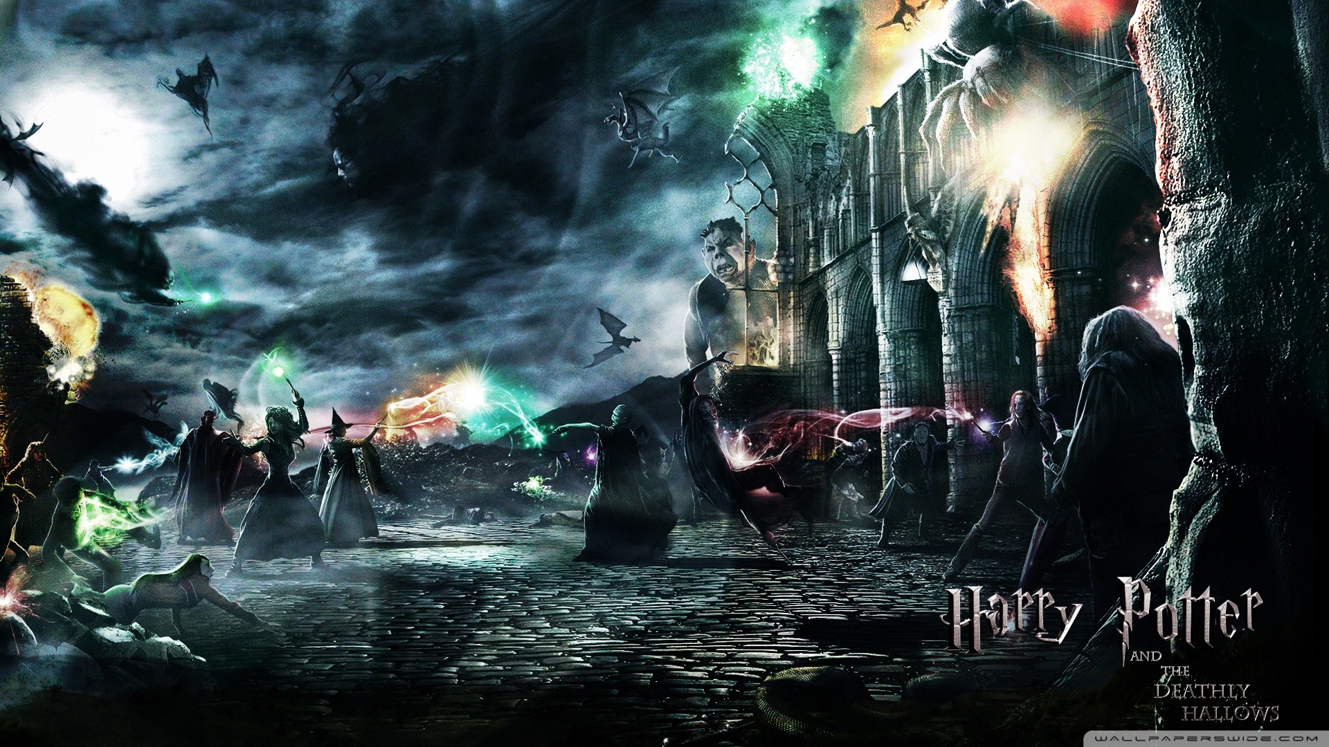 Battaglia di Hogwarts, Harry Potter e i Doni della Morte, Incantesimi, Mangiamorte, wallpaper desktop