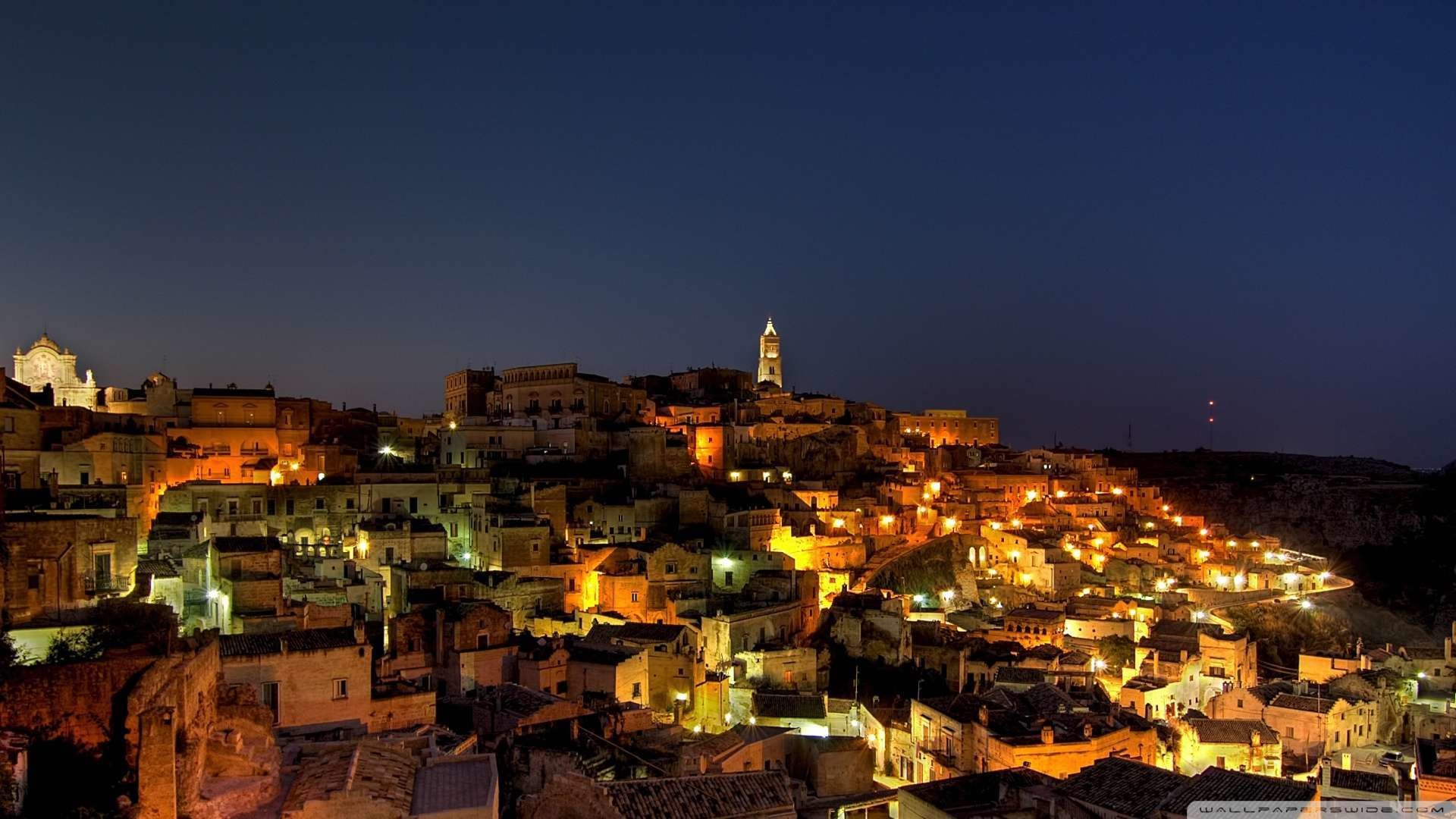 Borgo italiano, Notte, Luci, Campanile, Full HD, wallpaper per PC