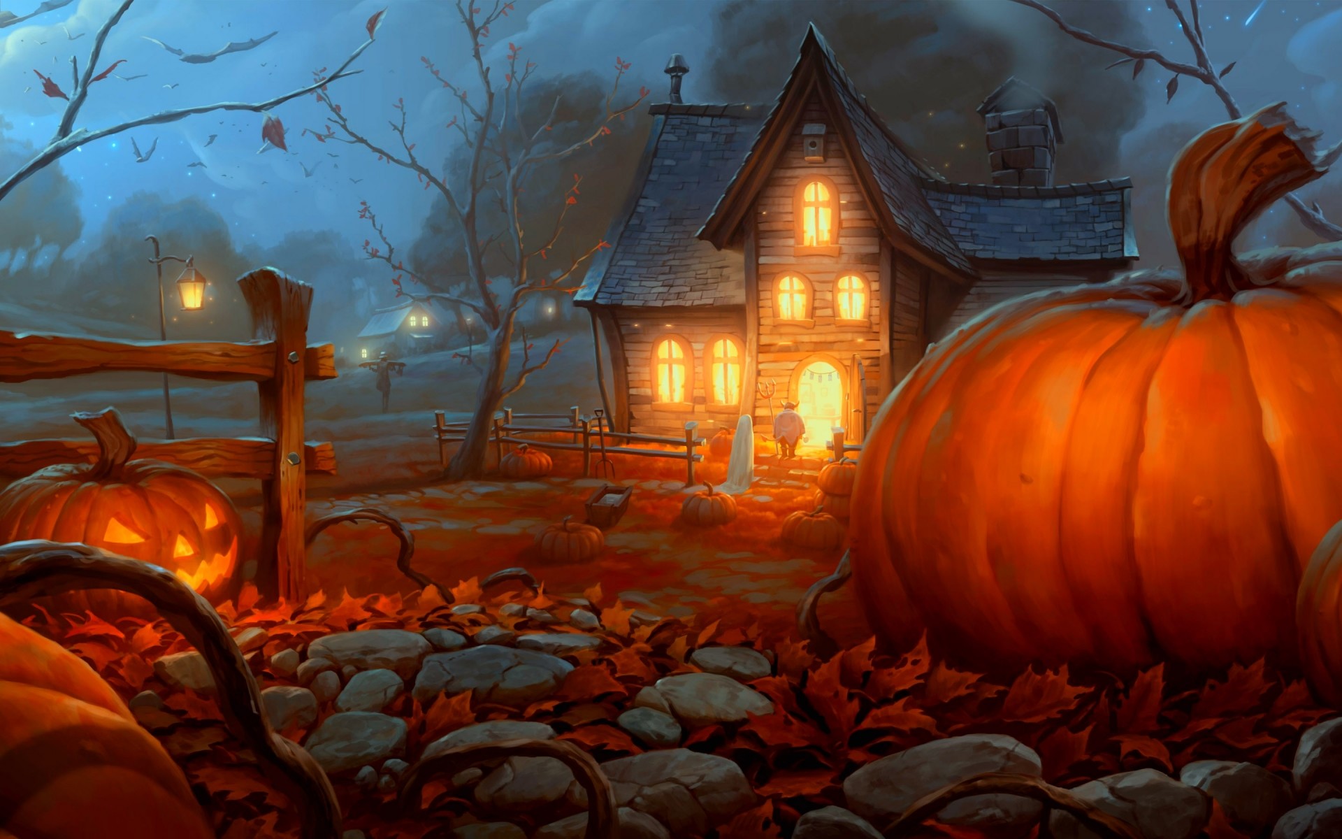 Casa stregata, Zucche, Notte, Illustrazione, Full HD, sfondo per PC