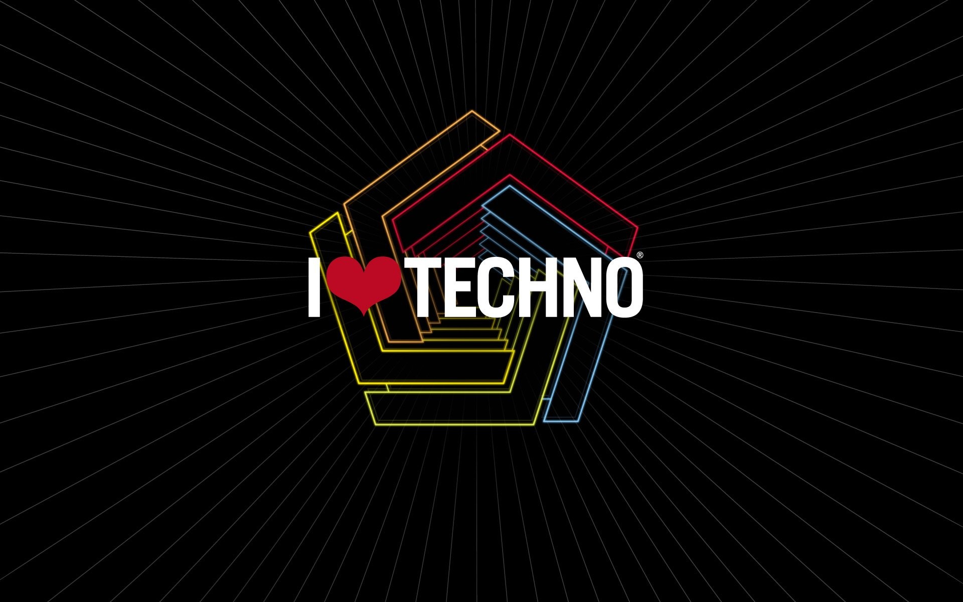 I Love Techno, Pentagono, Cuore, Sfondo nero, Full HD, wallpaper per computer