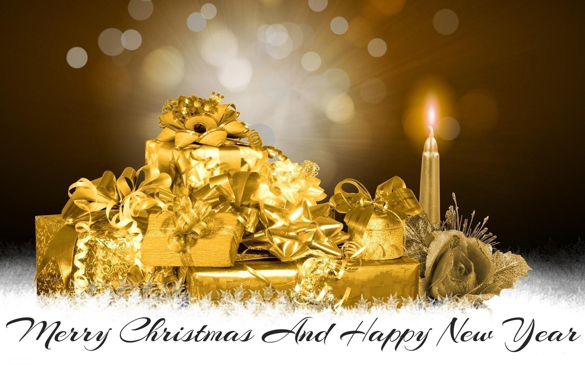 Regali dorati, Candela, Buon Anno, Merry Christmas, Oro, 16:10 Full HD, sfondo widescreen