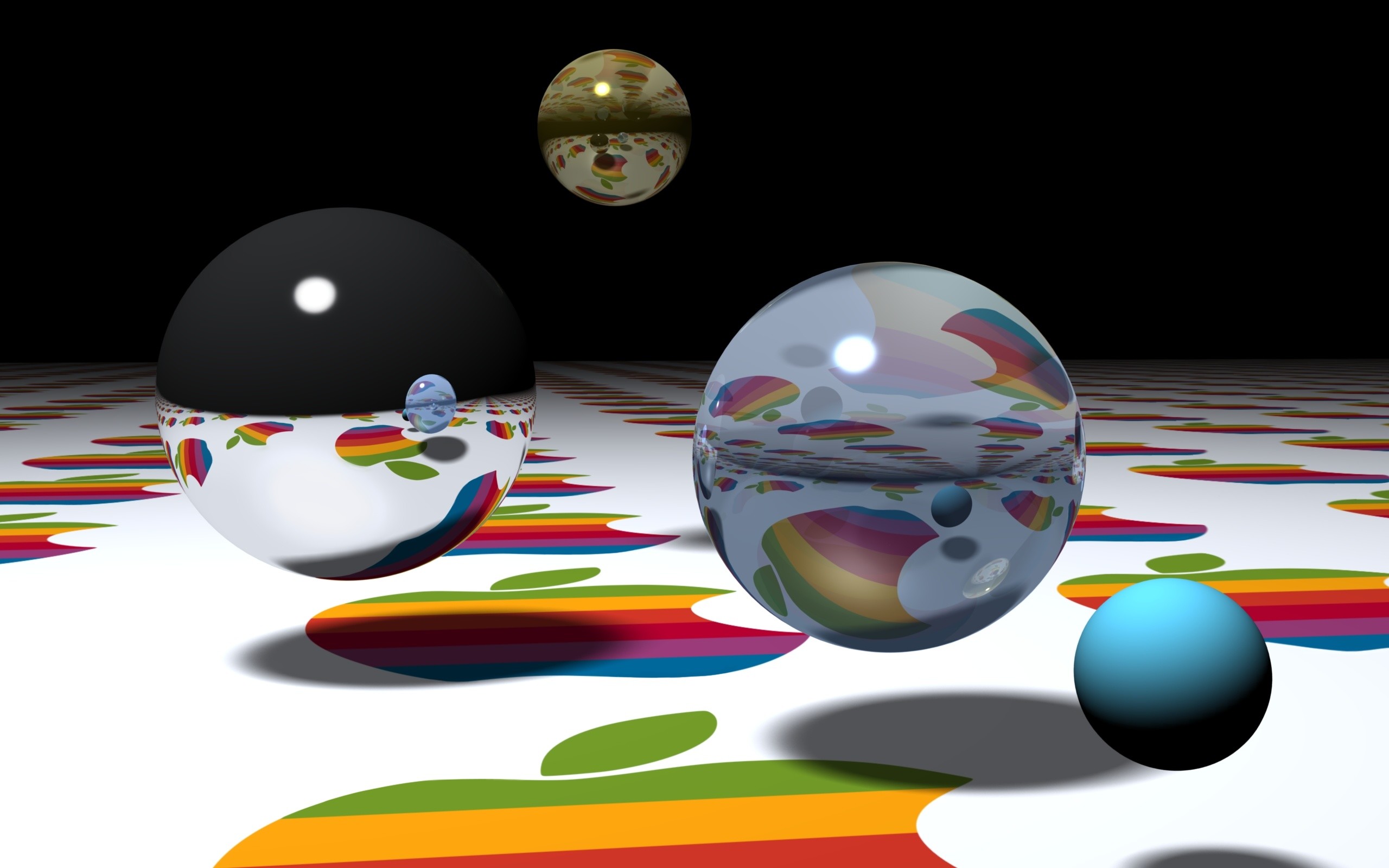 Apple, Sfere di vetro, Logo arcobaleno, Rendering 3D, 2560x1600, immagine di sfondo