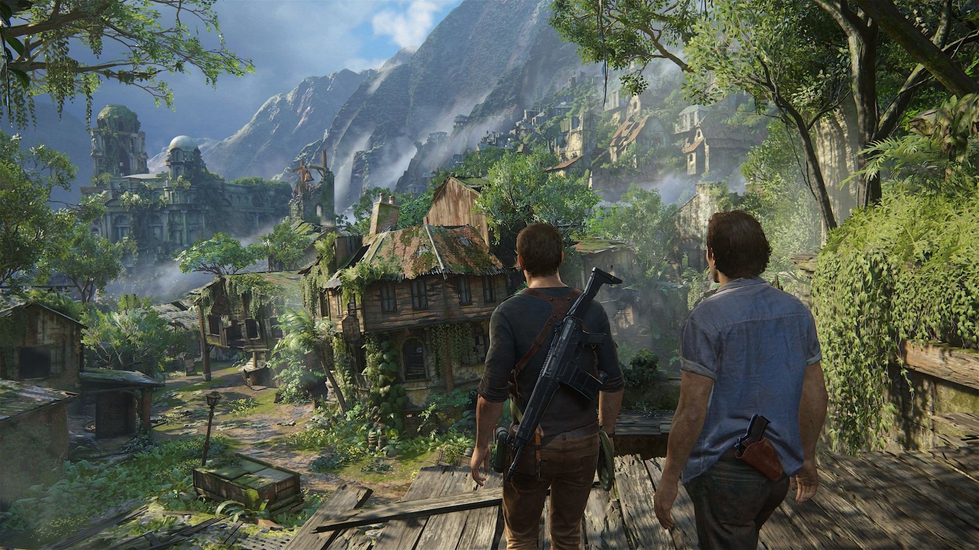 Nathan Drake, Sam Drake, Uncharted 4, Villaggio, Giungla, Full HD, sfondo per PC e portatile