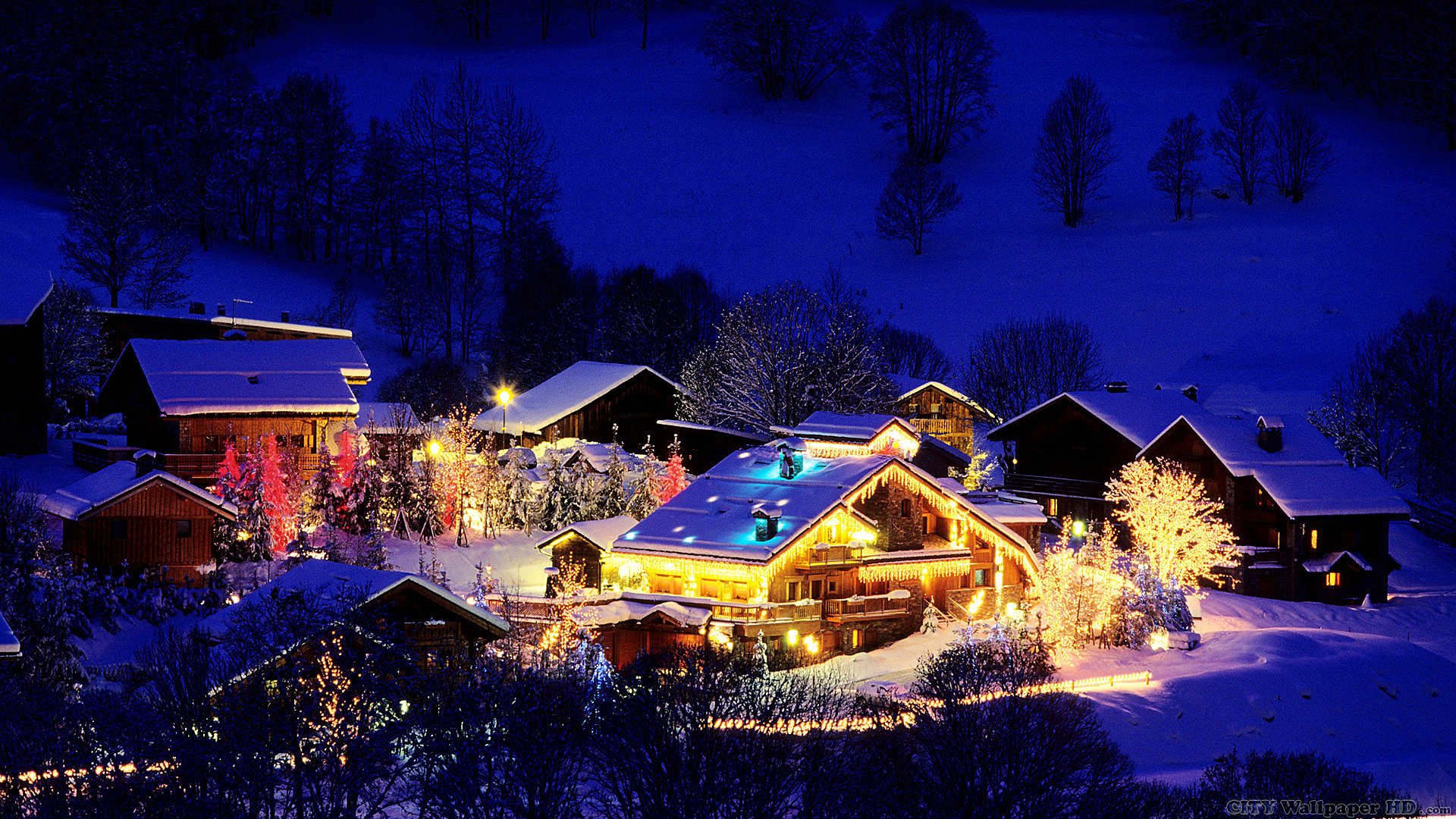 Villaggio innevato, Chalet, Luci natalizie, Notte, Montagna, 1920x1080, immagine di sfondo