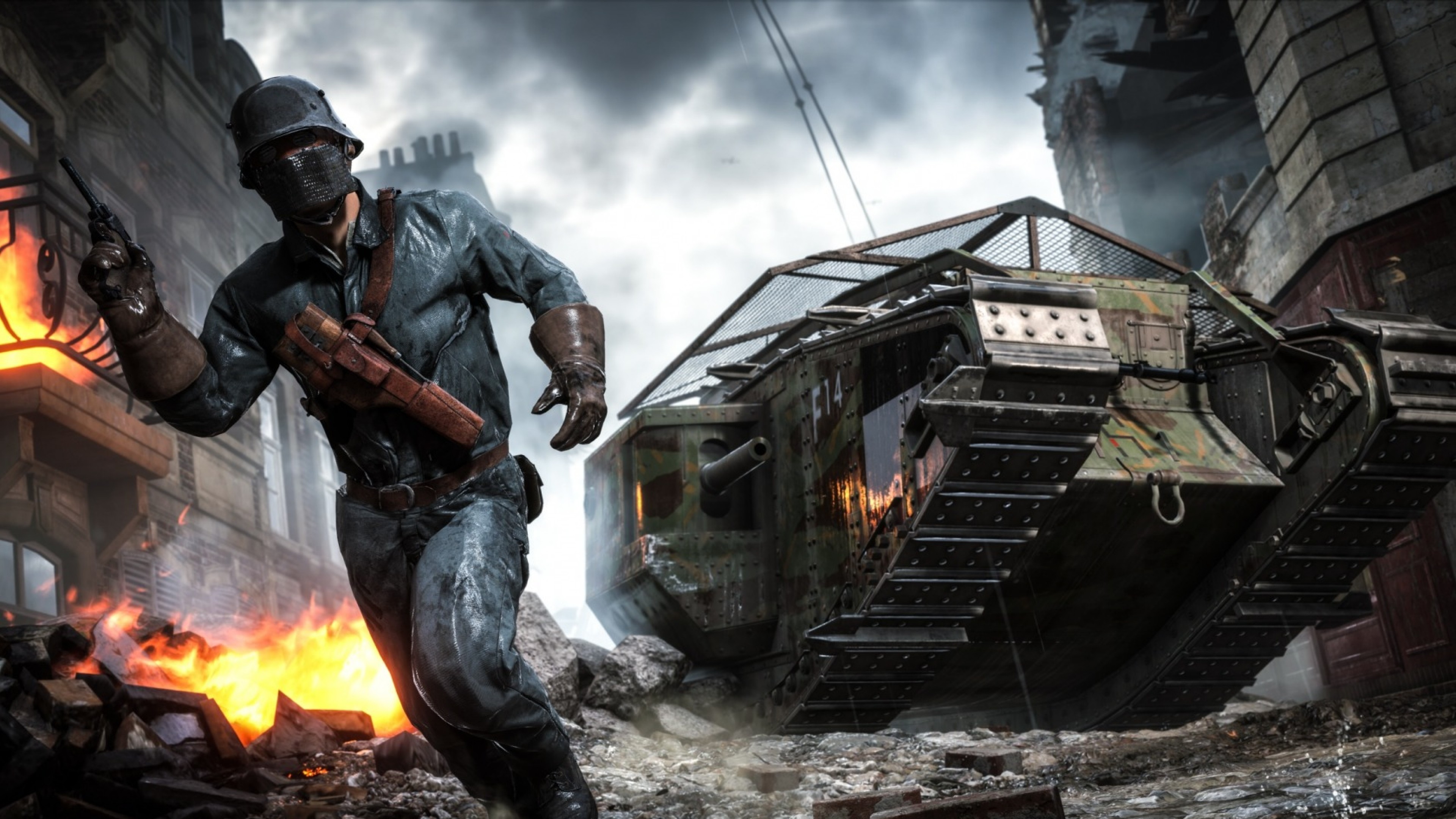 Battlefield 1, Carro armato Mark V, Soldato tedesco, Fuoco, 4K, wallpaper per portatile