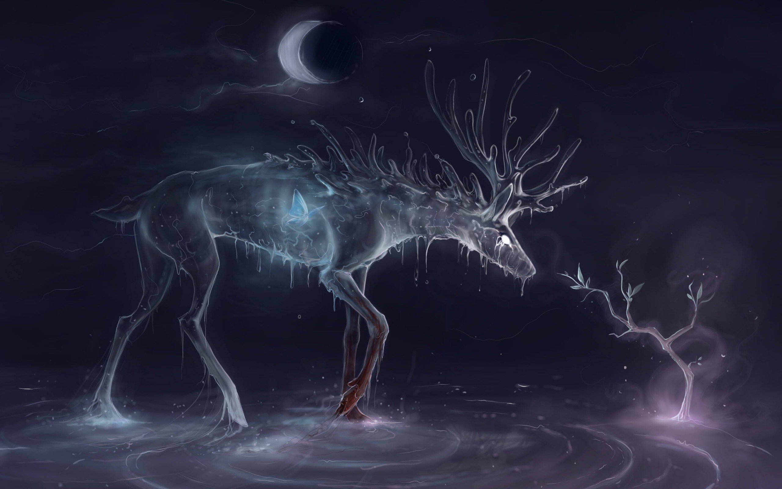 Cervo, Spirito luminoso, Luna crescente, Fantasy, 2560x1600, immagine di sfondo