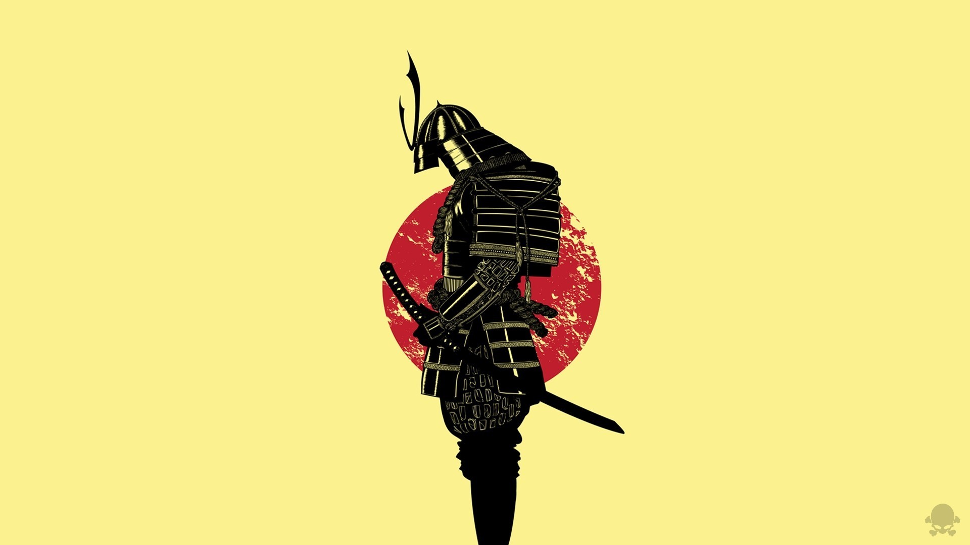 Samurai, Silhouette, Sole rosso, Sfondo giallo, 16:9 Full HD, wallpaper widescreen