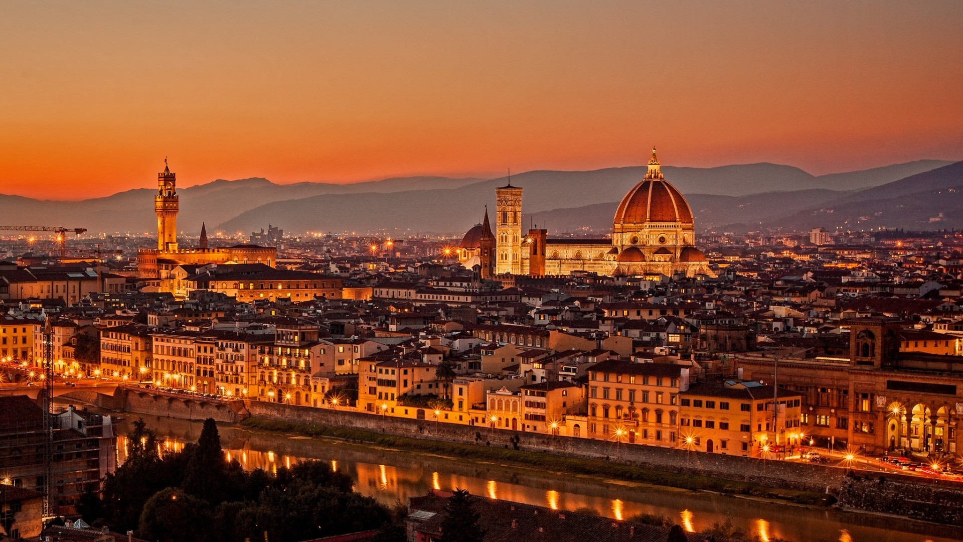 Firenze, Duomo di Firenze, Palazzo Vecchio, Arno, Tramonto, 1920x1080, sfondo per PC