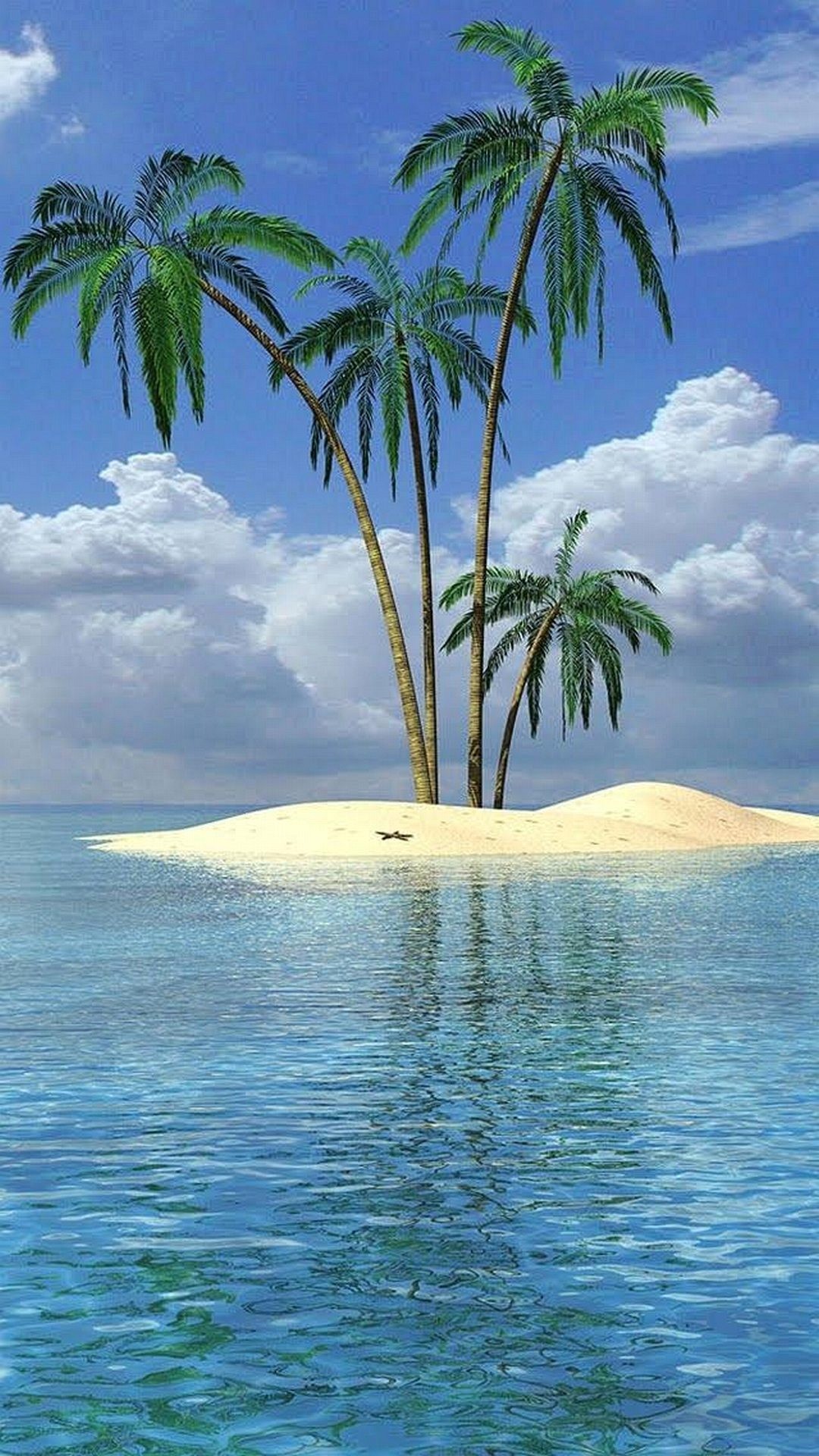 Isola tropicale, Palme, Mare, Arte 3D, Full HD, sfondo verticale per cellulare