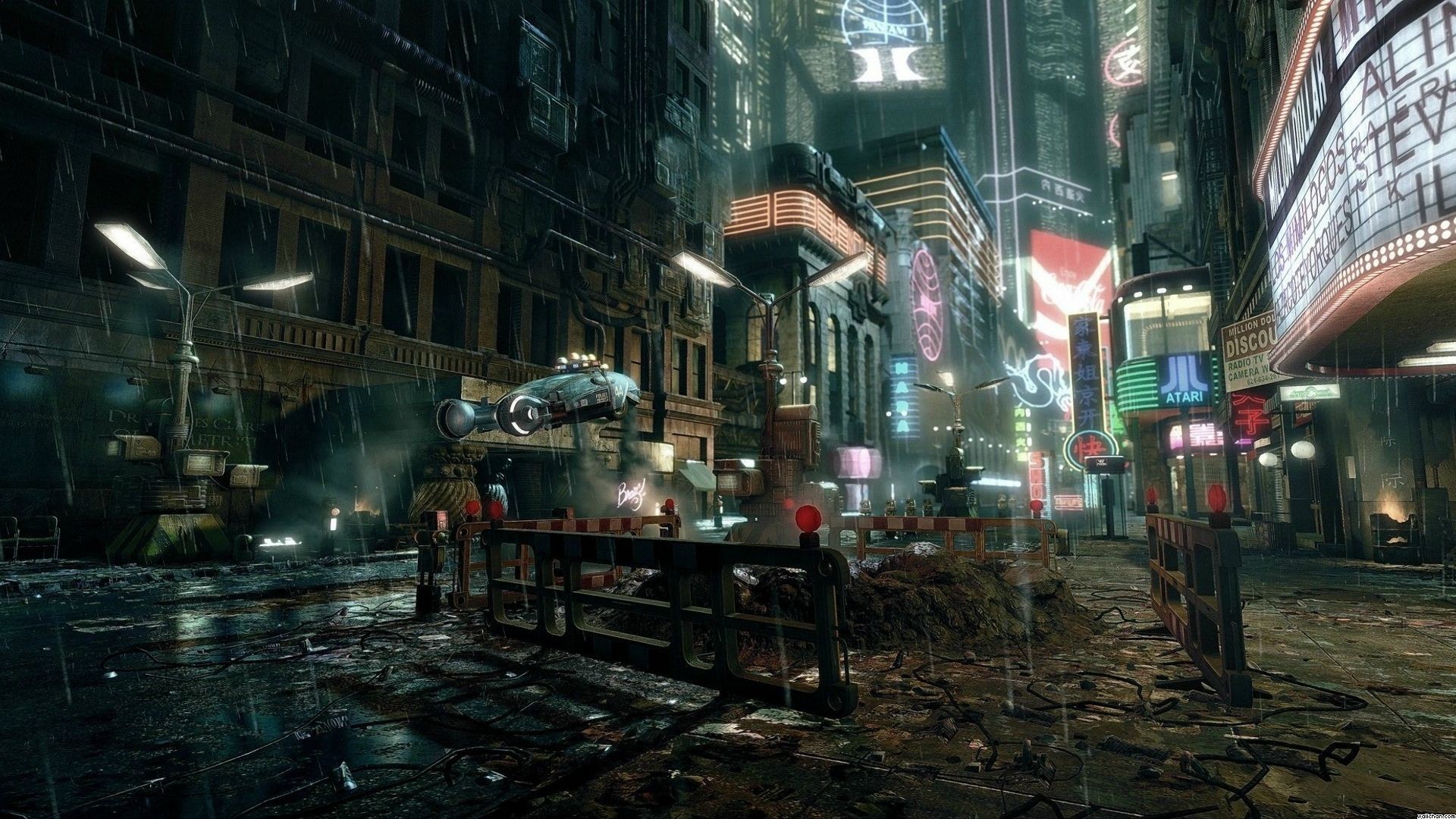 Città cyberpunk, Notte, Pioggia, Neon, 16:9 Full HD, sfondo widescreen