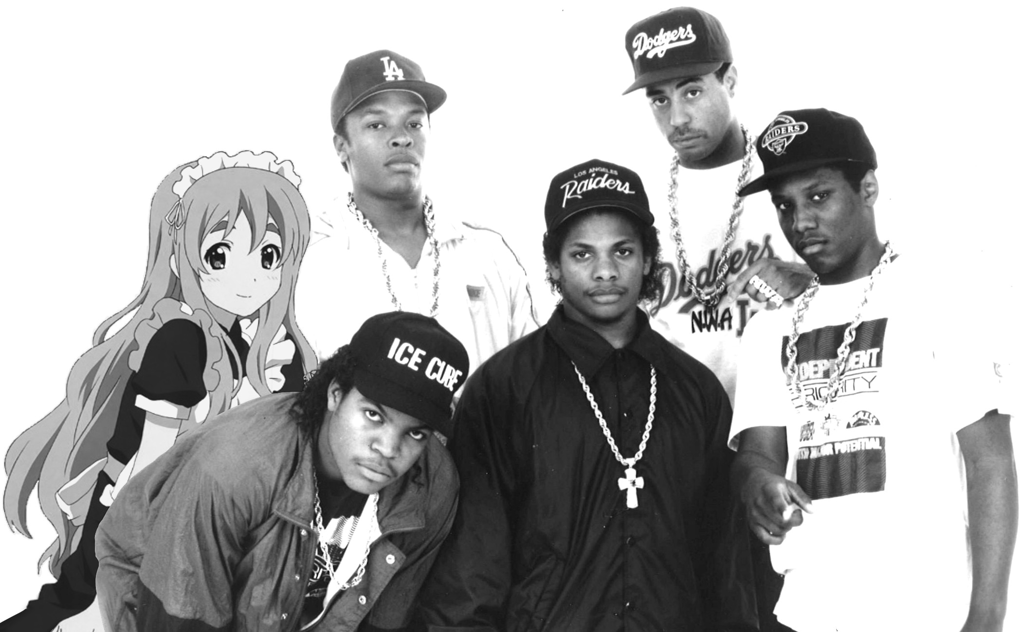 N.W.A, Eazy-E, Ice Cube, Dr. Dre, Ragazza anime, Fotomontaggio, Bianco e nero, sfondo Full HD