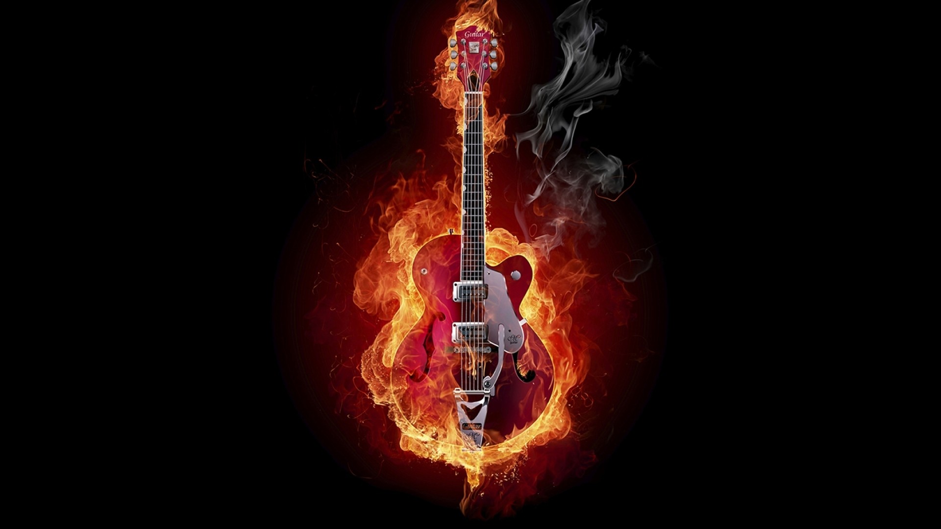 Gretsch, Chitarra elettrica, Fiamme, Sfondo nero, 16:9 Full HD, wallpaper widescreen