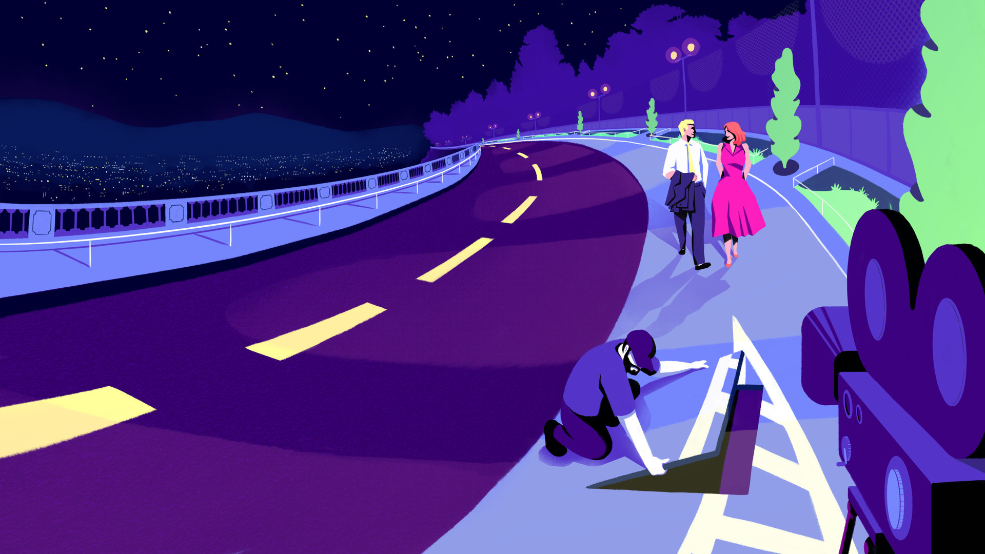 La La Land, Illustrazione, Strada, Notte, Viola, Full HD, wallpaper desktop