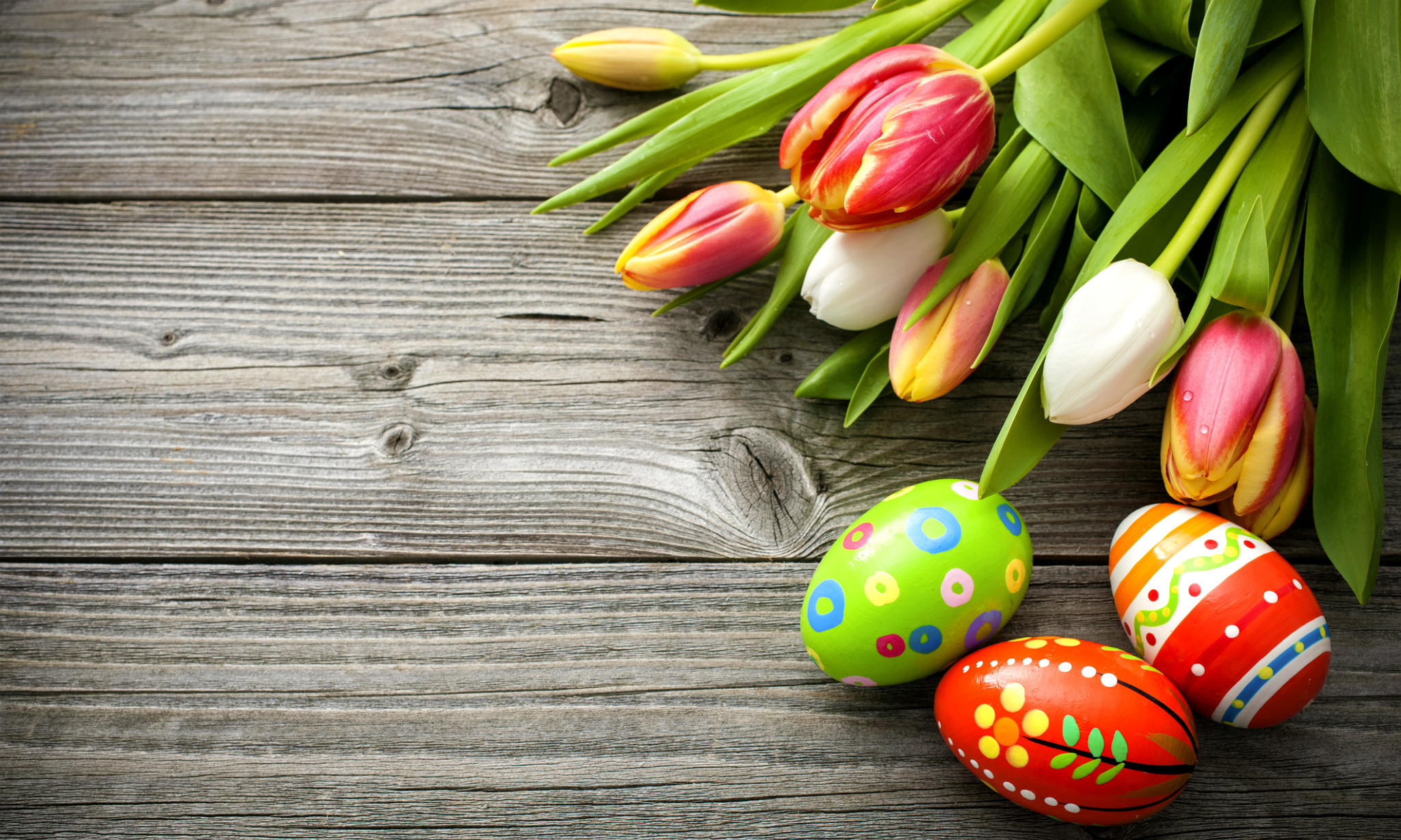 Uova di Pasqua, Tulipani, Legno, Primavera, Full HD, sfondo per portatile
