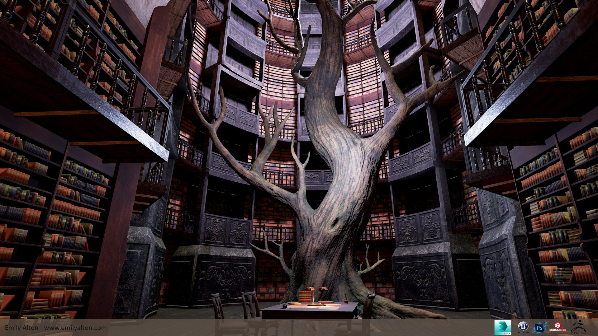 Biblioteca, Albero, Fantasy, Scaffali, Libri antichi, 1920x1080, immagine di sfondo